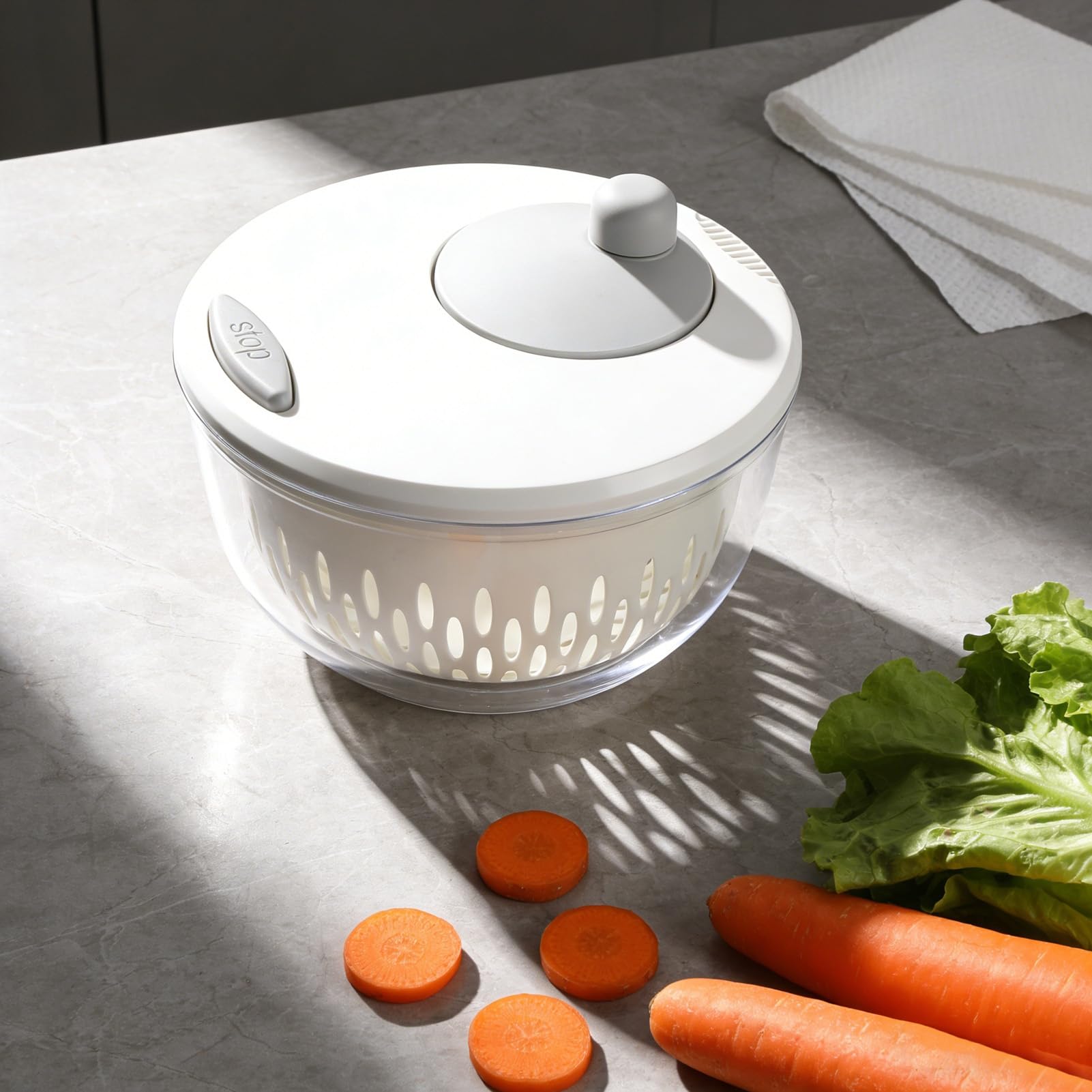 Dpofirs Ensalada Spinner, Cortador de Verduras Multifuncional de 5 Cuchillas y Girador de Lechuga con Tazón de 4500 Ml y Protector de Mano, para Preparación de Verduras en la Cocina Casera