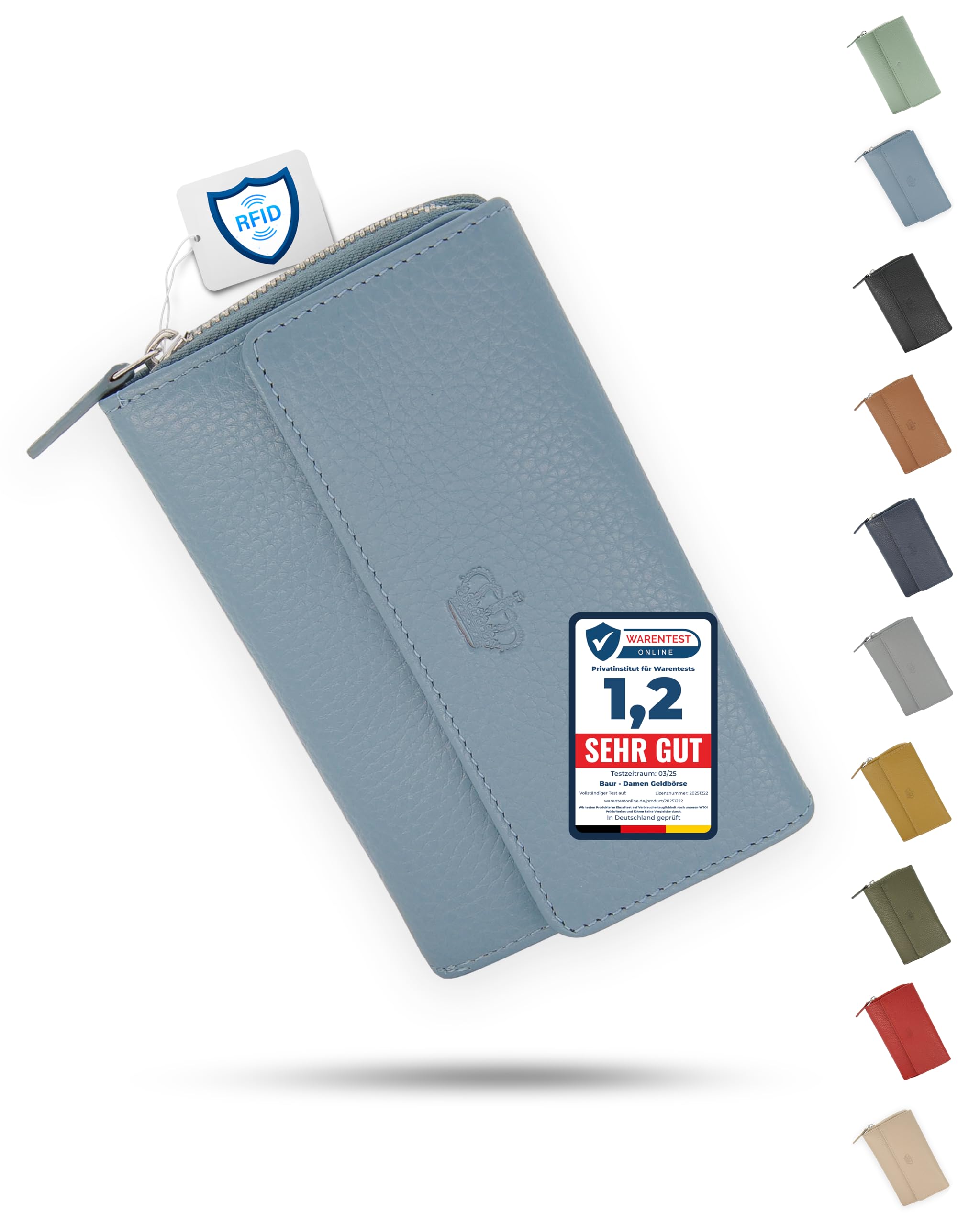 Baur portafoglio da donna – vera pelle con protezione RFID – portafoglio grande con 14 scomparti per carte – chiusura a bottone a pressione & tasca portamonete con cerniera (Blu colomba)