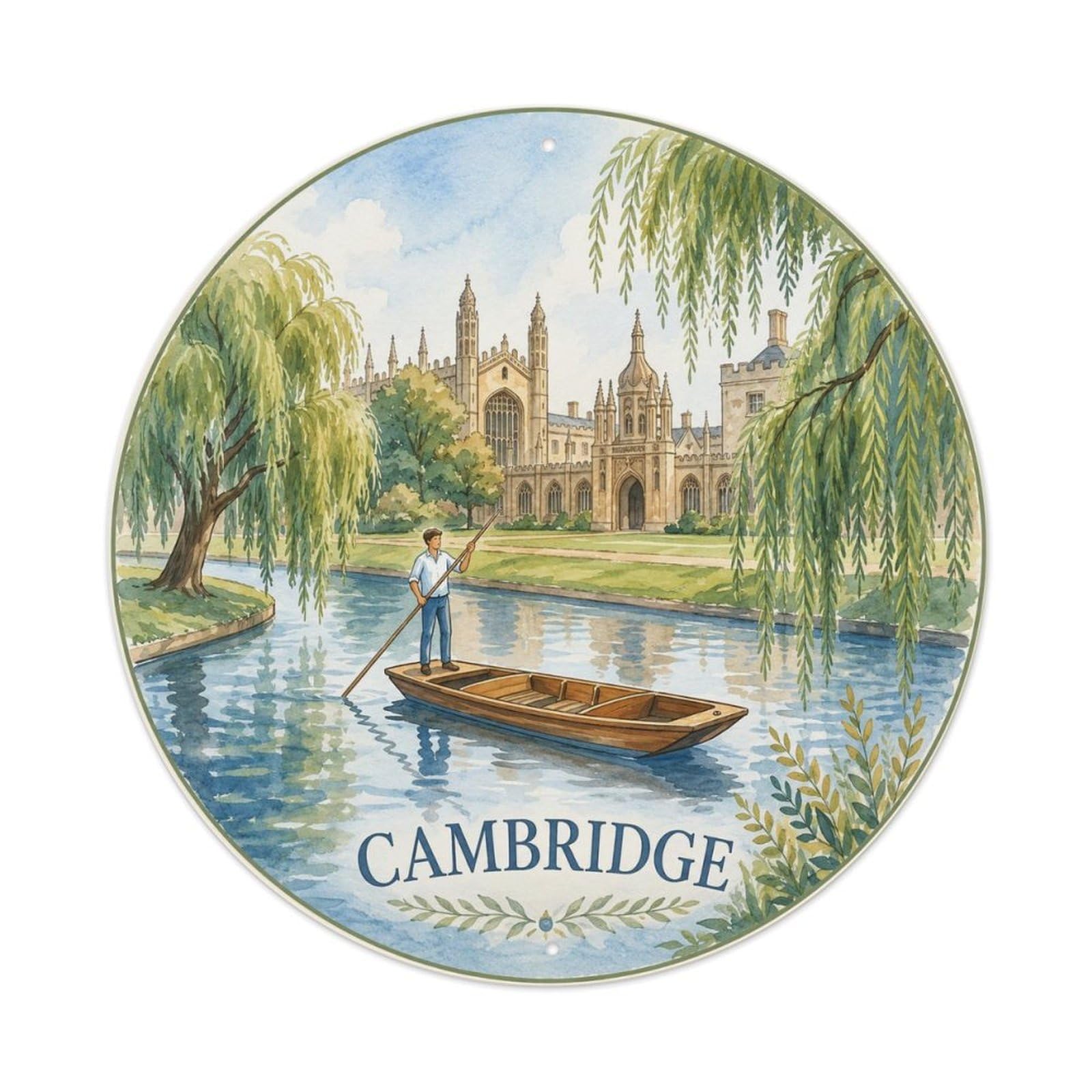 Cambridge Punting River Cam Vintage Travel Landmark Cityscape Metal Tin Sign Plaque Wall Decor for Cafe, Man Cave, Club Bar, Office, Home Garden Round Metal Poster 8x8Inch