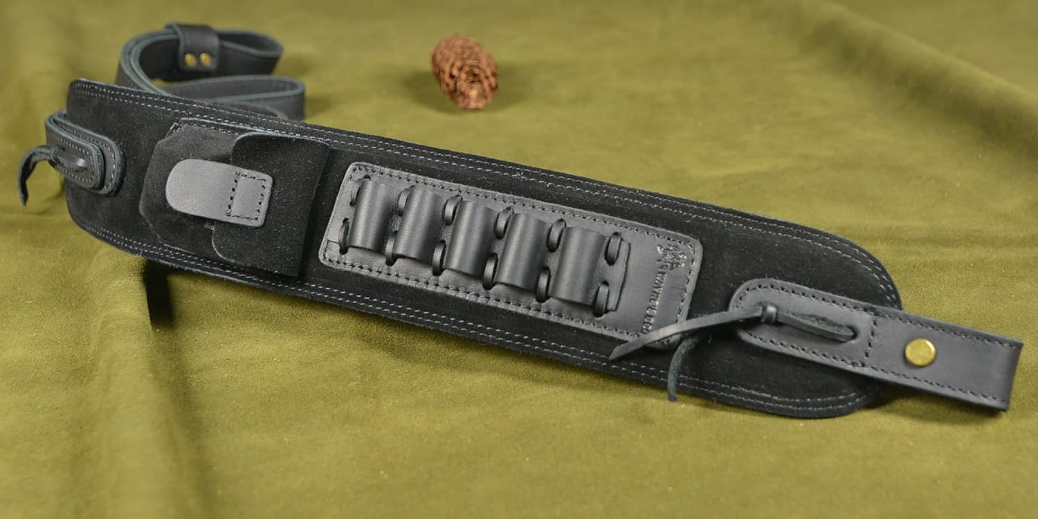 Top-Grain Leather Ammo Holder Rifle Shotgun Sling, Adjustable Hunting Gun Strap with Swivels