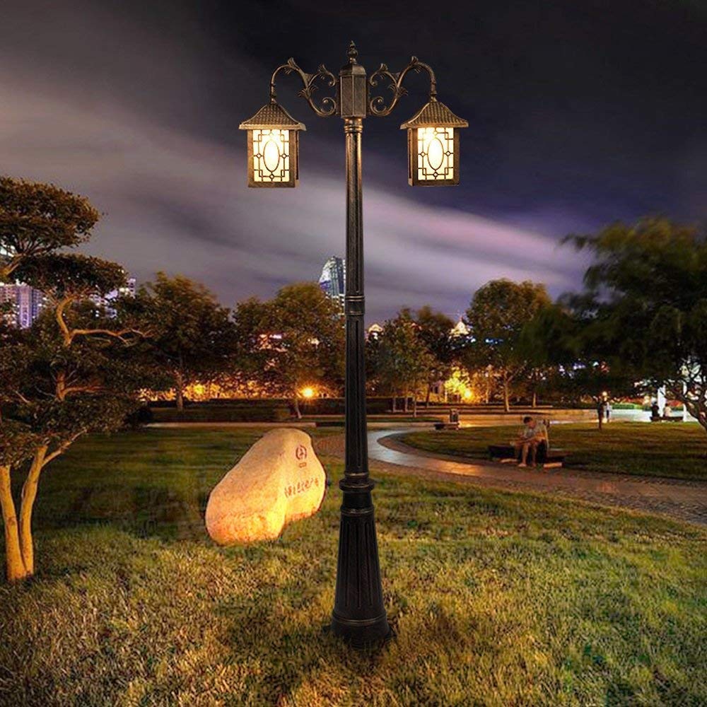 Europejska retro vintage zewnętrzna wodoodporna lampa krajobrazowa taras ogrodowy LED taras balkon trawnik ogród willa lampa kolumnowa słup latarnia uliczna z dwoma szkla,Bronze-195cm