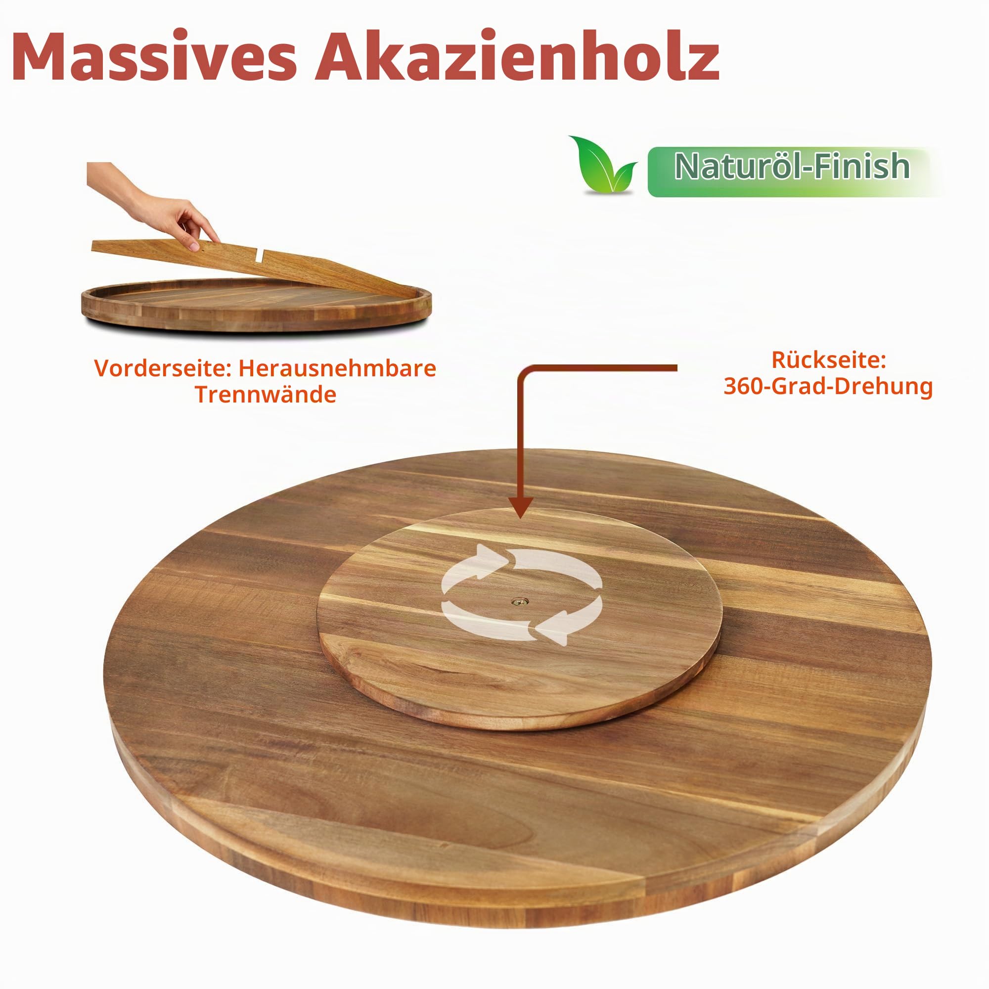 Utoplike Extra großes Serviertablett aus Akazienholz,Drehbar,60 cm | Rundes Charcuterie-Brett, Käsebrett mit drehbarem Sockel und erhöhtem Rand