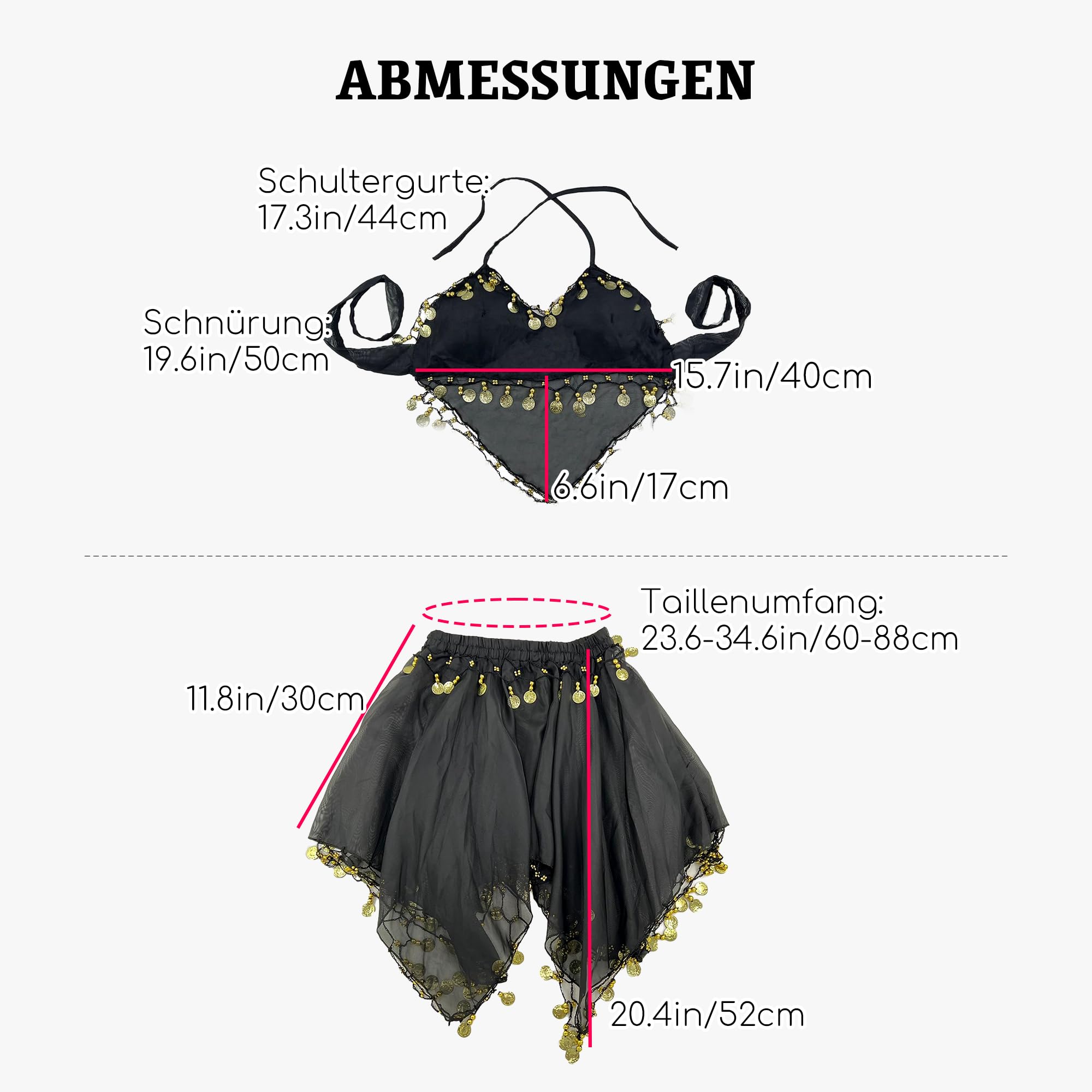 Wildarms Costume Danza del Ventre Carnevale Donna, Set 2 pz Top & Gonna con Paillettes, Abito Premium per Festa e palco (IT, Testo, Taglia Unica, Regular, Regular, Nero)