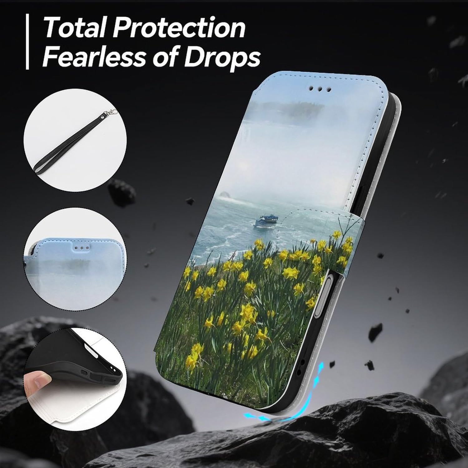 Niagara Falls Waterfall Compatible with iPhone 16/16 Plus/16 Pro/16 Pro Max/16 E Case Phone Wallet Card Holder Flip Cover with Wrist Strap