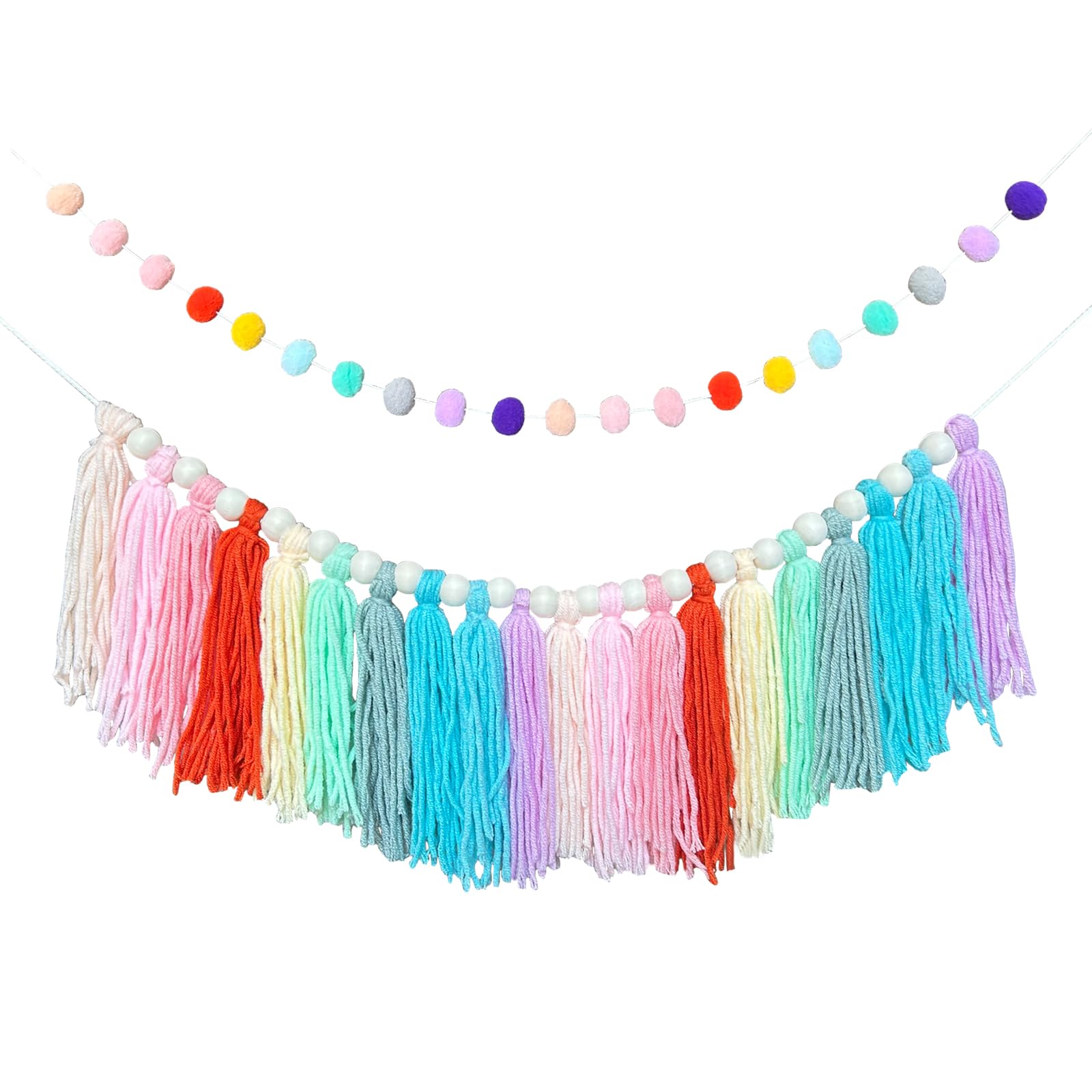 - 2 Pcs Boho Tassel Garland with Wood Beads Felt Ball Garland for Birthday Party Dorm Office Kids Nursery Classroom Bedroom Baby Shower Decorations