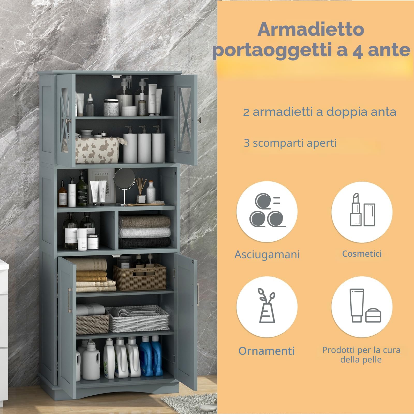 LIFEZEAL Mobile Bagno, in Legno, Mobiletto Bagno Salvaspazio, 60x30x145 cm, Credenza Cucina, con 4 Ante e Ripiani Regolabili, Armadietto Alto per Soggiorno, Armadio Multiuso Dispensa (grigio)