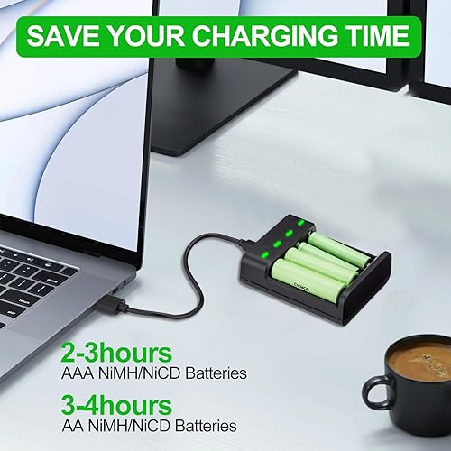 Miniatura 3 de CICMOD Cargador de batería AA AAA de 4 bahías, cargador de batería USB para baterías recargables AAAAA NiMH NiCD de 1.2 V, negro