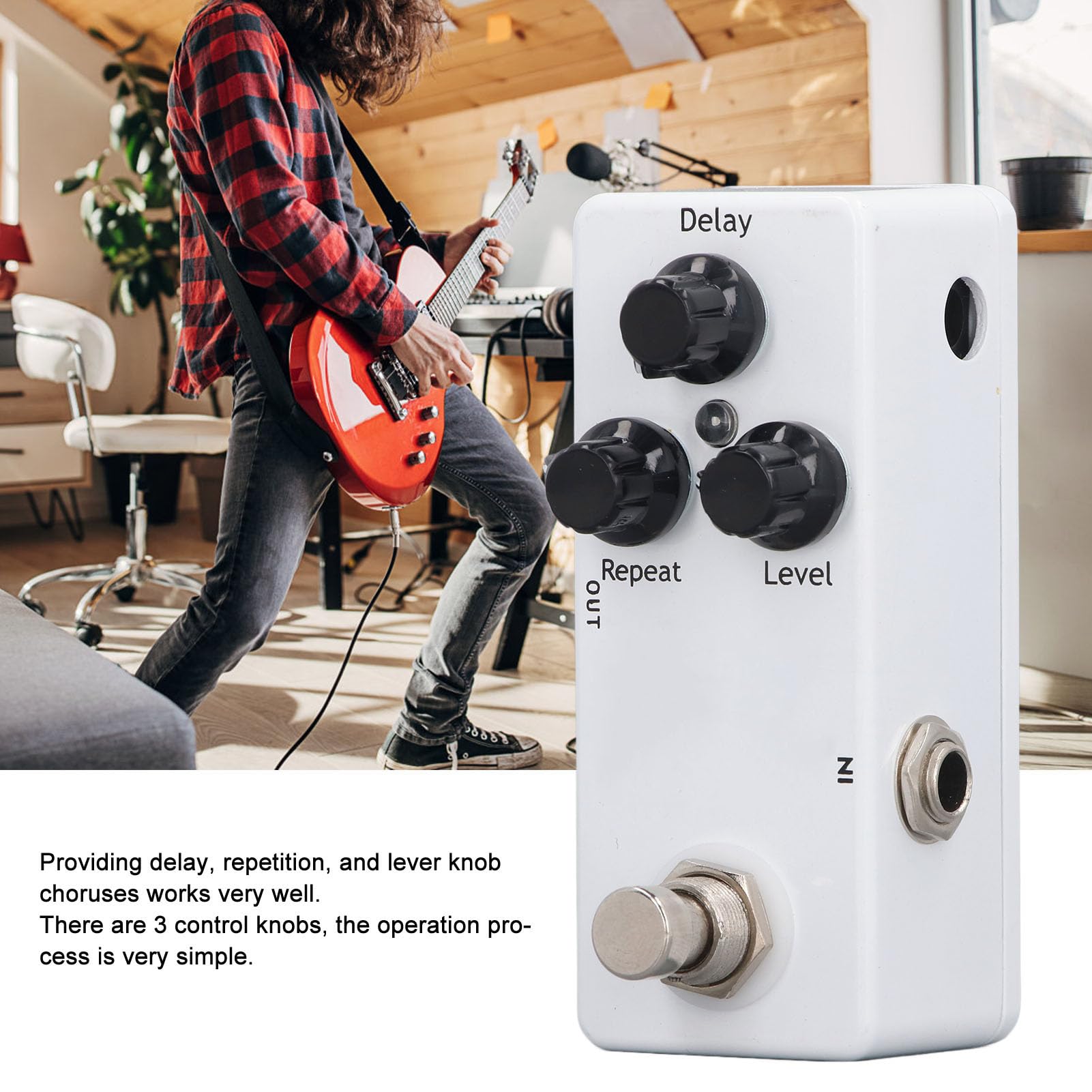 Pedał gitarowy SustVita Delay Effects ze wskaźnikiem stanu LED, szerokie ustawienia regulacji, 3 pokrętła opóźnienia/powtórzenia/poziomu, DC 9 V dla pedału gitary elektrycznej
