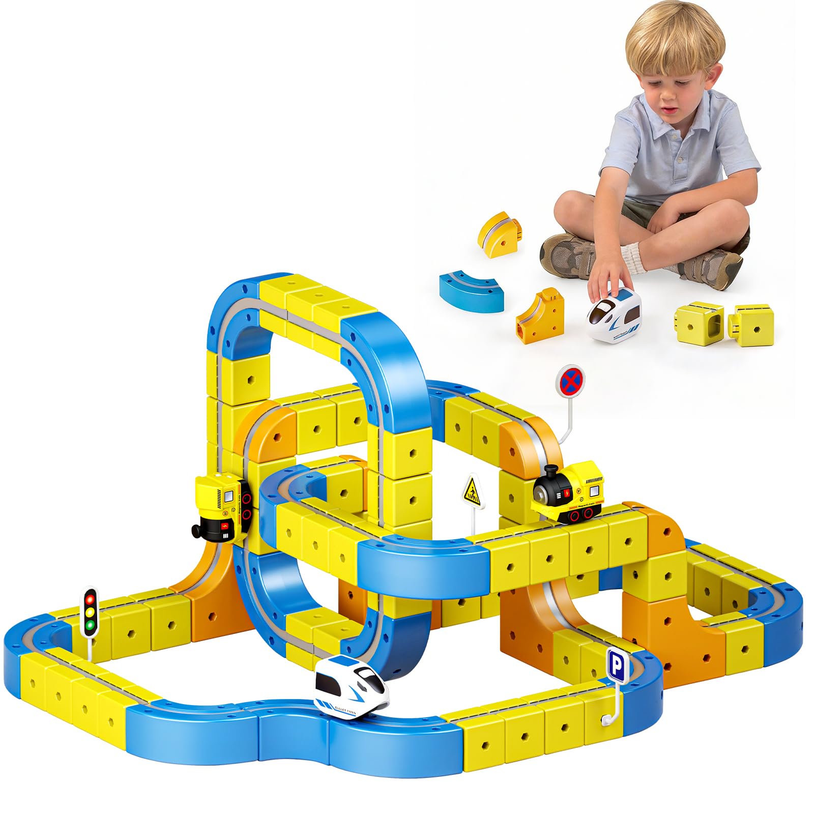 Set De Tren Magnético De 126 Piezas Con 2 Trenes | Pista 3D De Bloques Cúbicos Para Niños 3+