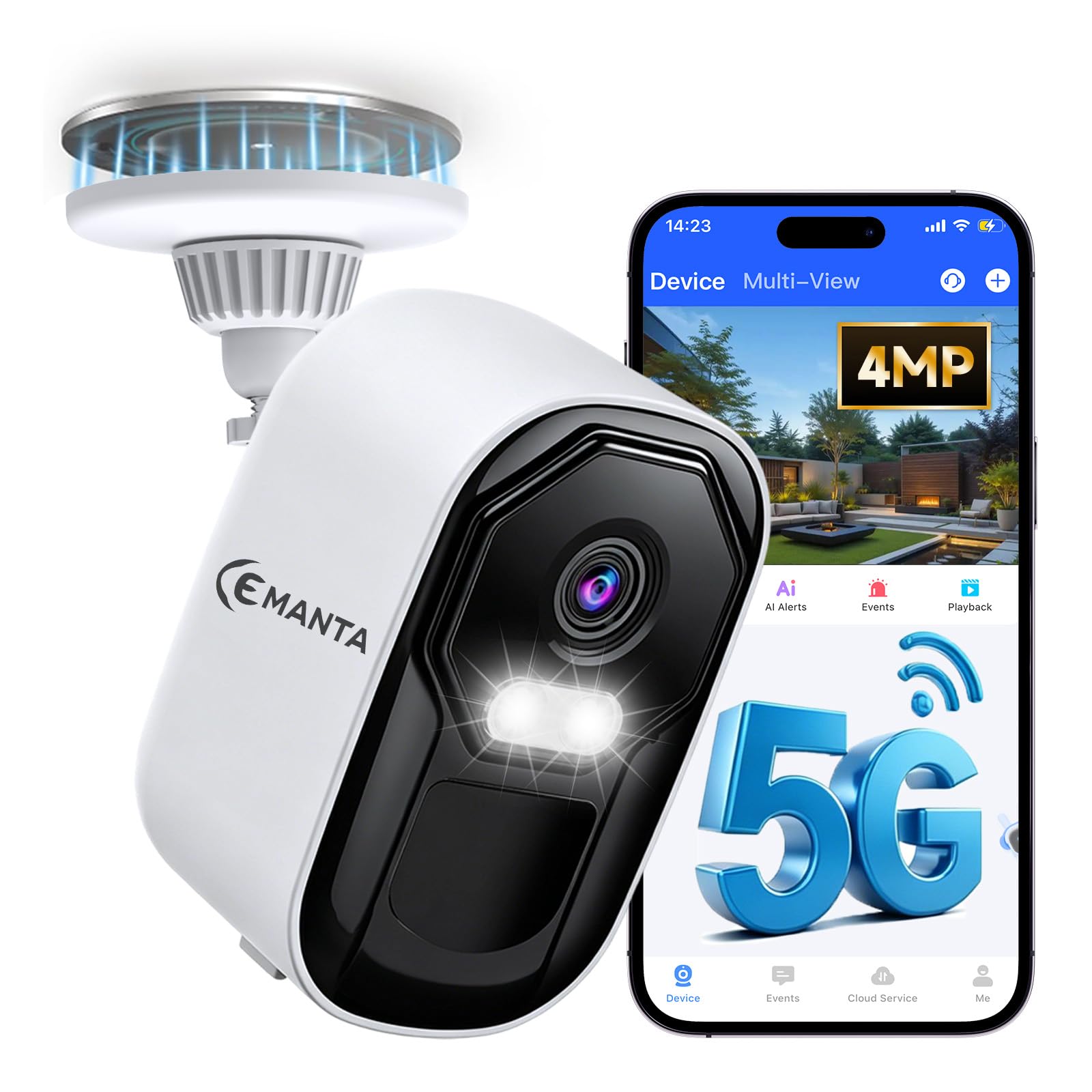 CEMANTA 4MP Überwachungskamera Aussen Akku - 2,4G/5GHz WLAN | Kostenlosem Cloud-Speicher, IP66 wetterfest, AI-Erkennung, Farbige Nachtsicht, Zwei-We