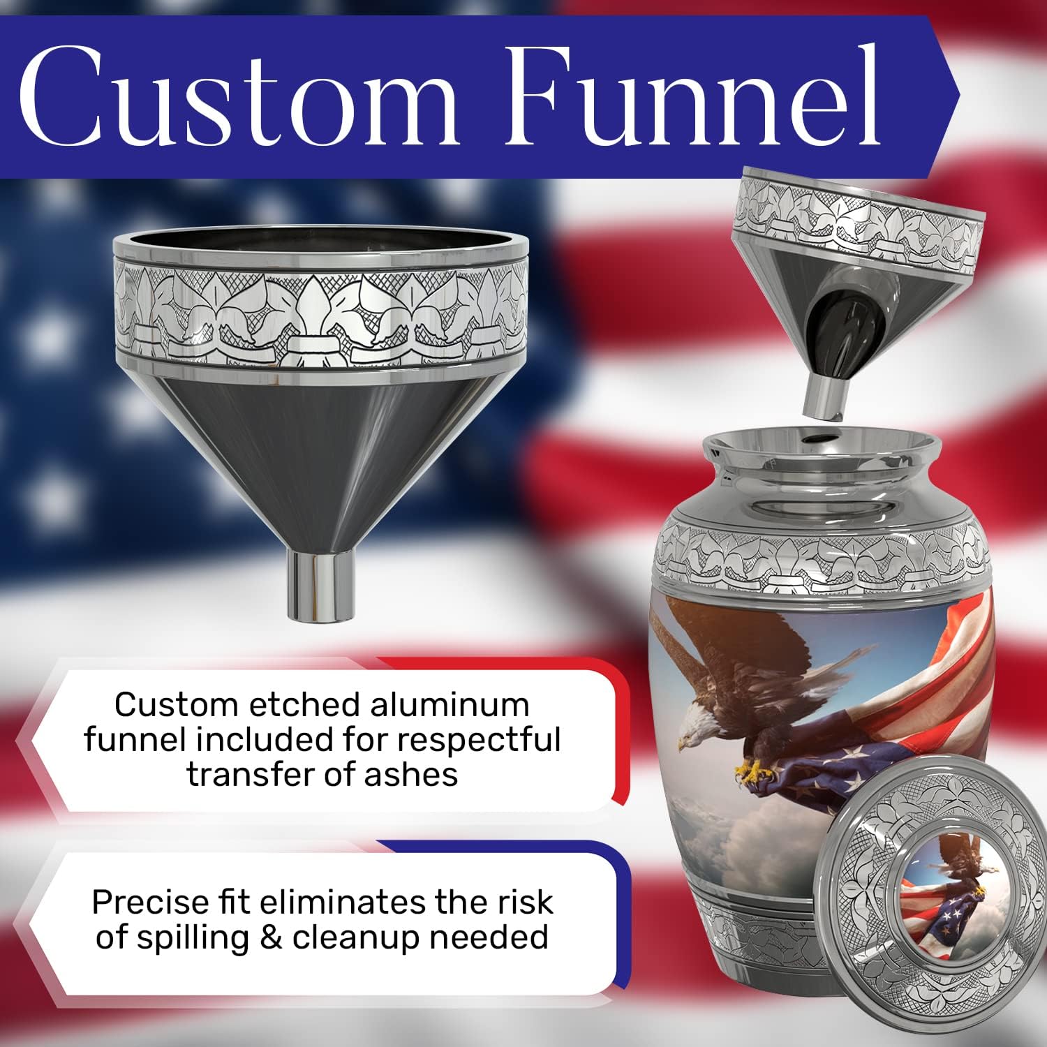 American Flag and Eagle Cremation Urn (4-Piece Set) for Human Ashes with Handcrafted Funnel and Vase