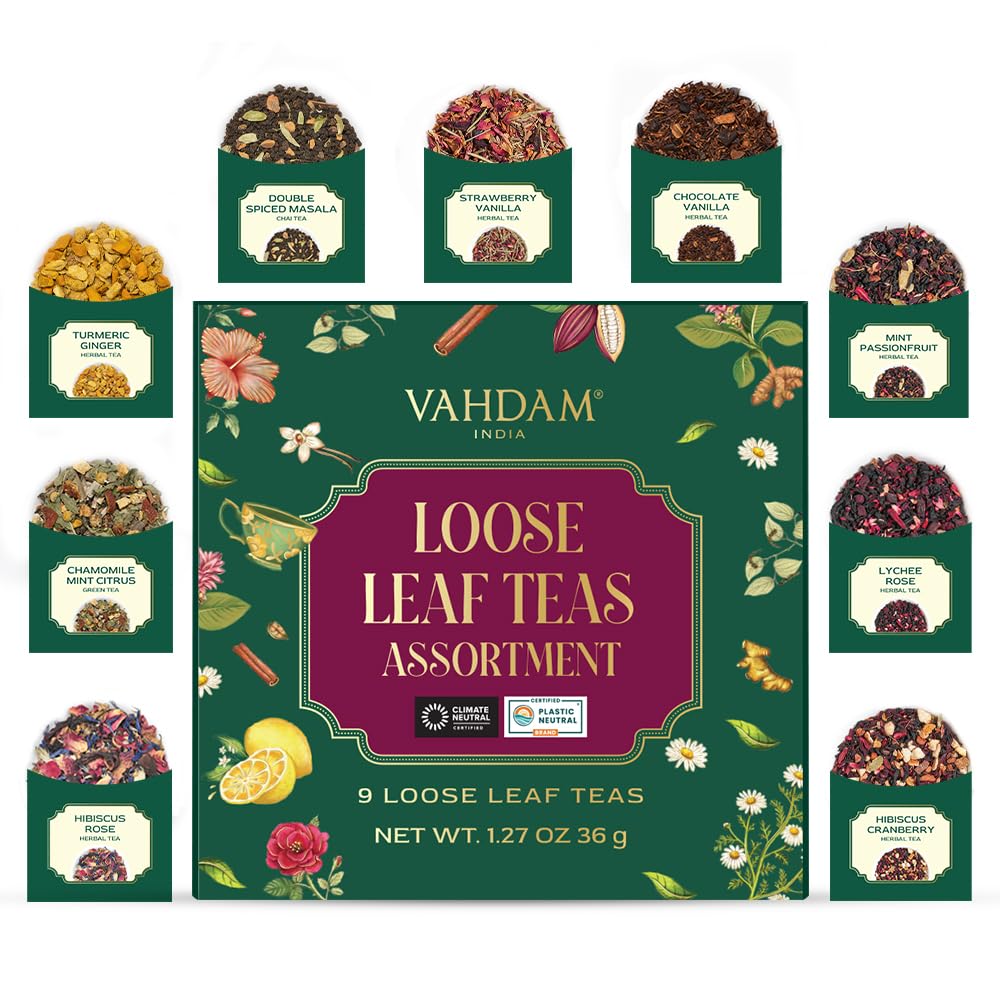 VAHDAM Top 9 Exotic Loose Leaf Herbal Tea Sampler (18+ Cups) - Floral Fruity Blends, Hot/Iced, Ideal Gift for Tea Lovers