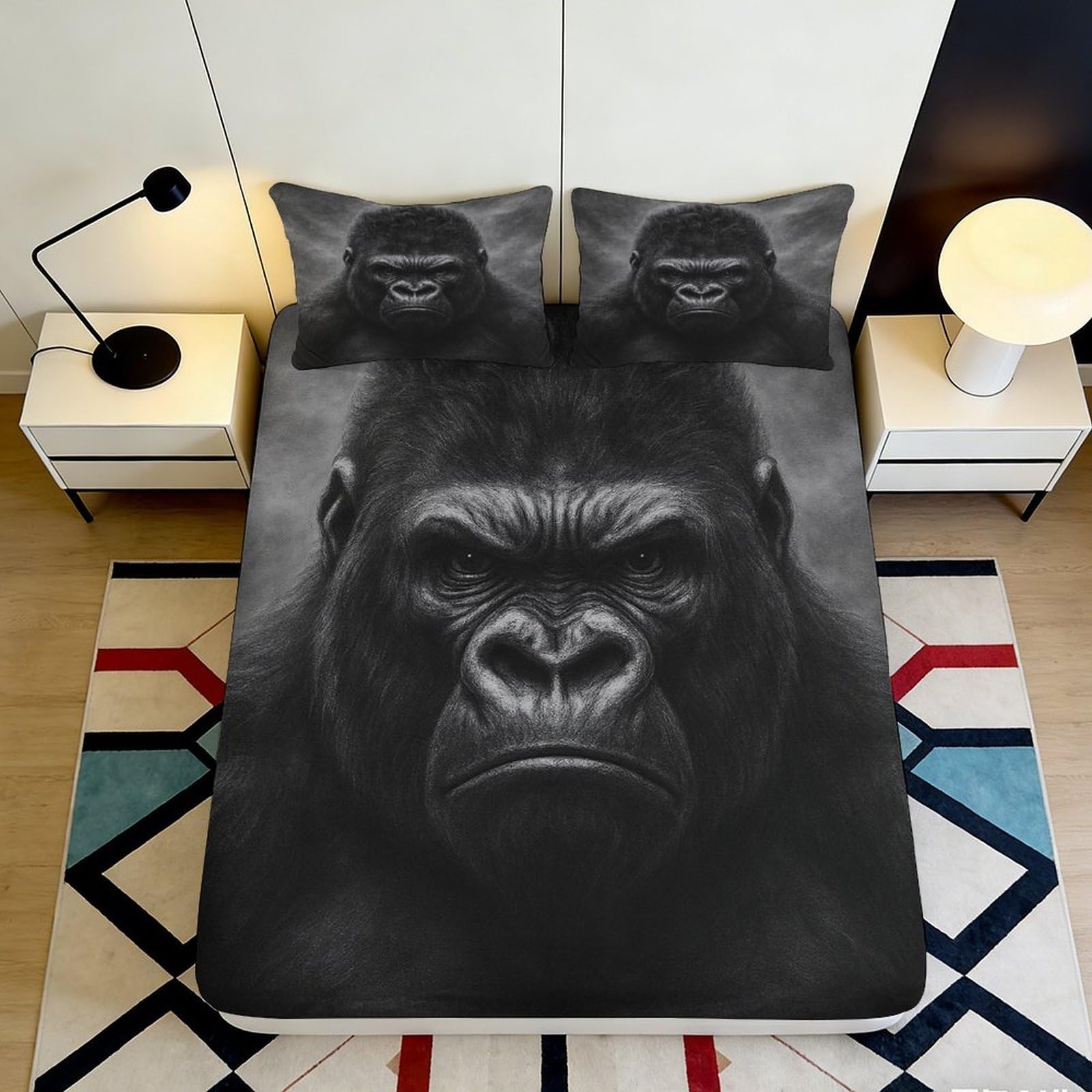 3D Printed Realistic Gorilla Fitted Sheet Microfiber Soft Breathable Animal Face Mattress Cover for Bedroom Dorm Décor 90x200x25cm