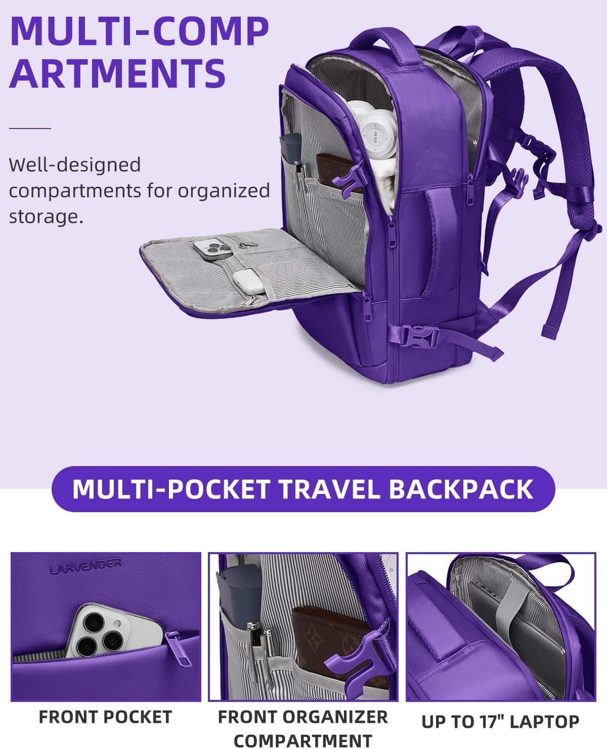 LARVENDER Carry on Luggage 22x14x9 Airline Approved, Expandable 20 Inch Hardside Large Suitcase with Wheels TSA Lock, Lightweigh PC+ABS Travel Carry-on Suitcases for Women and Men, Midnight Berry - Image 5