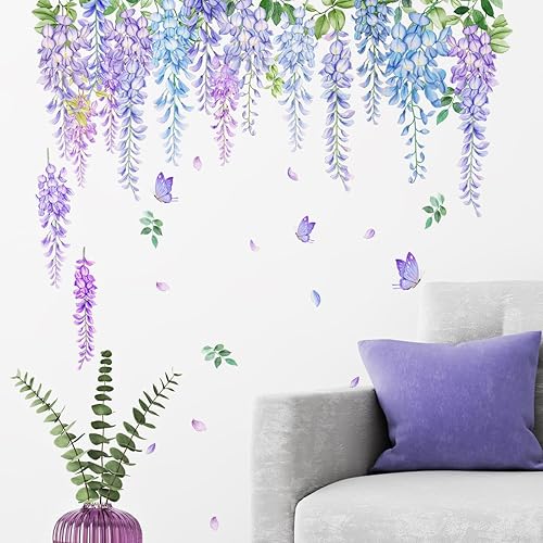 Miniatura 4 de fanquare Calcomanías de pared colgantes de vid, plantas moradas, hojas, flores, mariposas, decoración de pared para niñas, mujeres, dormitorio, sala
