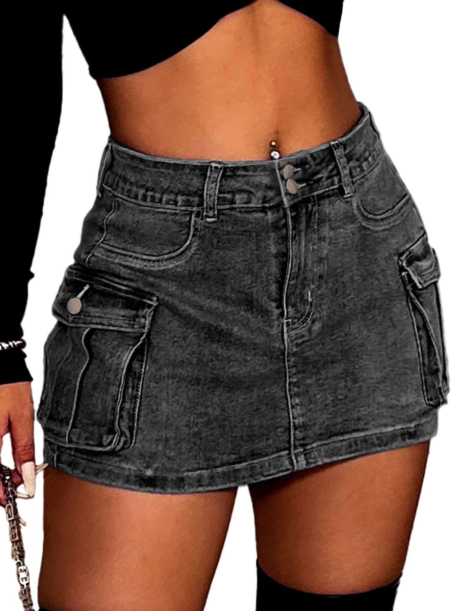 ELLEVEN High Stretchy Denim Cargo Skort