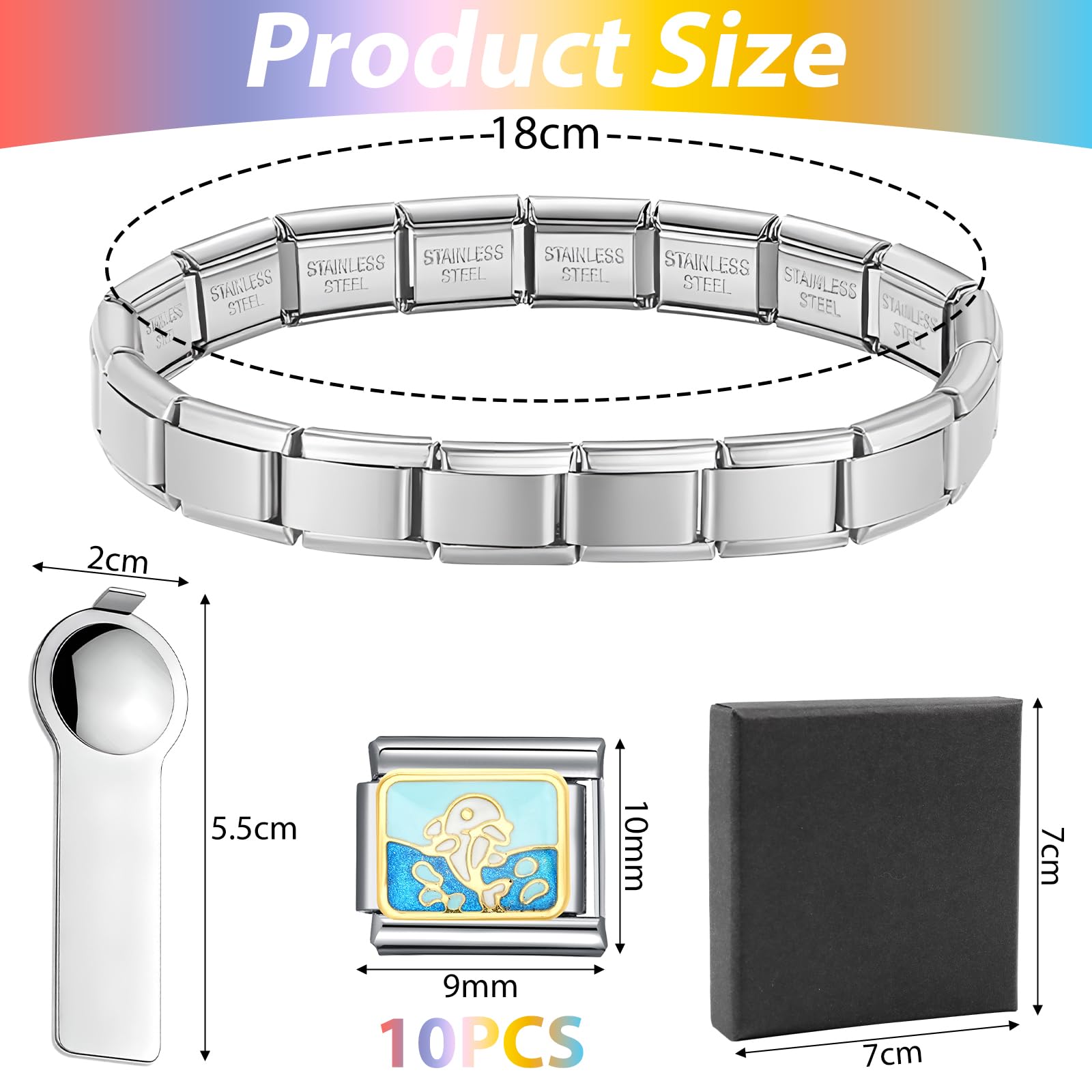 Juego de Pulseras Dijes Italiano 10 Módulos Extraíbles con 1 Herramientas de Apertura y Caja Regalo Pulsera Italiana Charms Acero Inox 9mm Animales Lindos Módulos Extraíbles Joyería Italiana