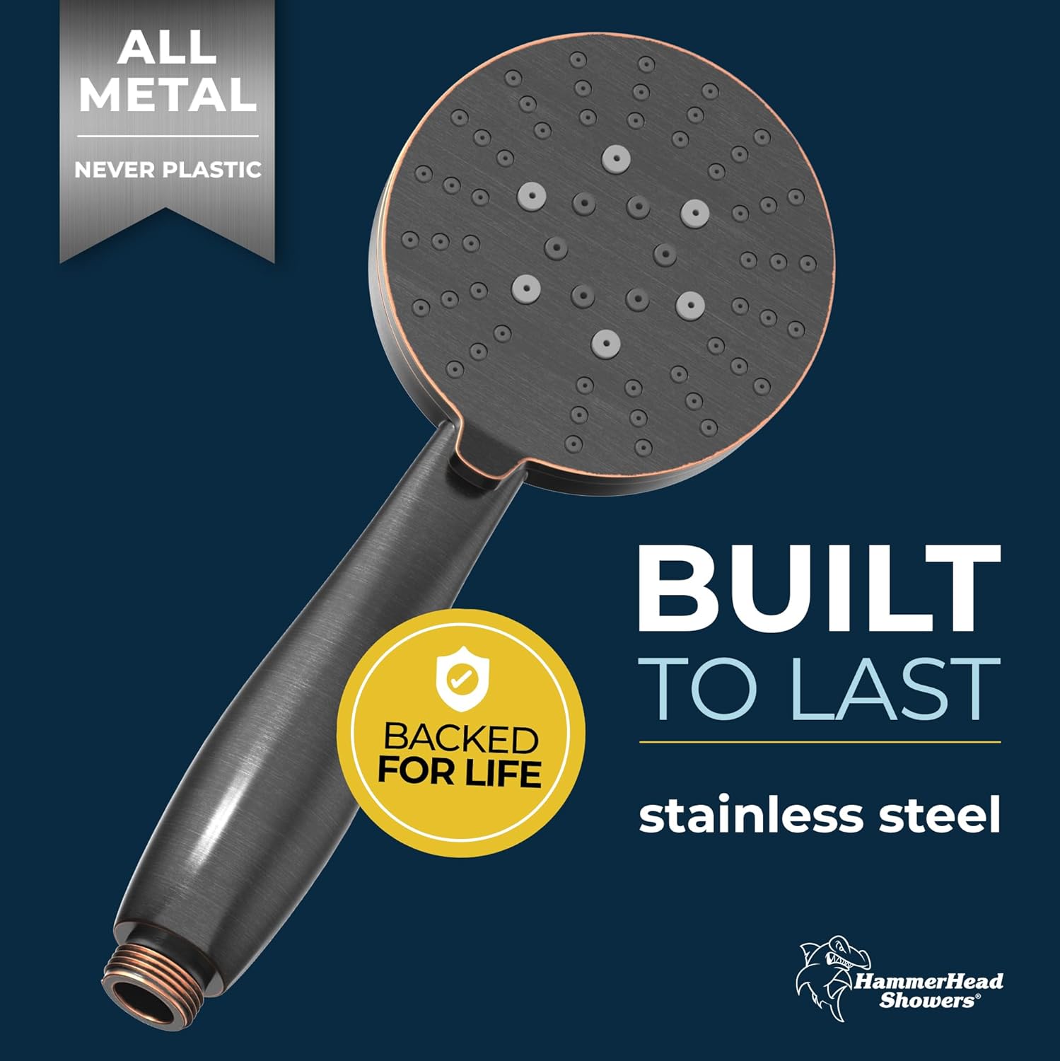 HammerHead Showers® Solid Metal 3-Spray Hand Held Shower Head, Oil Rubbed Bronze | Select from Wide, Massage, and Mist Sprays | 2.5 GPM High Flow Handheld Showerhead | Made from 304 Stainless Steel