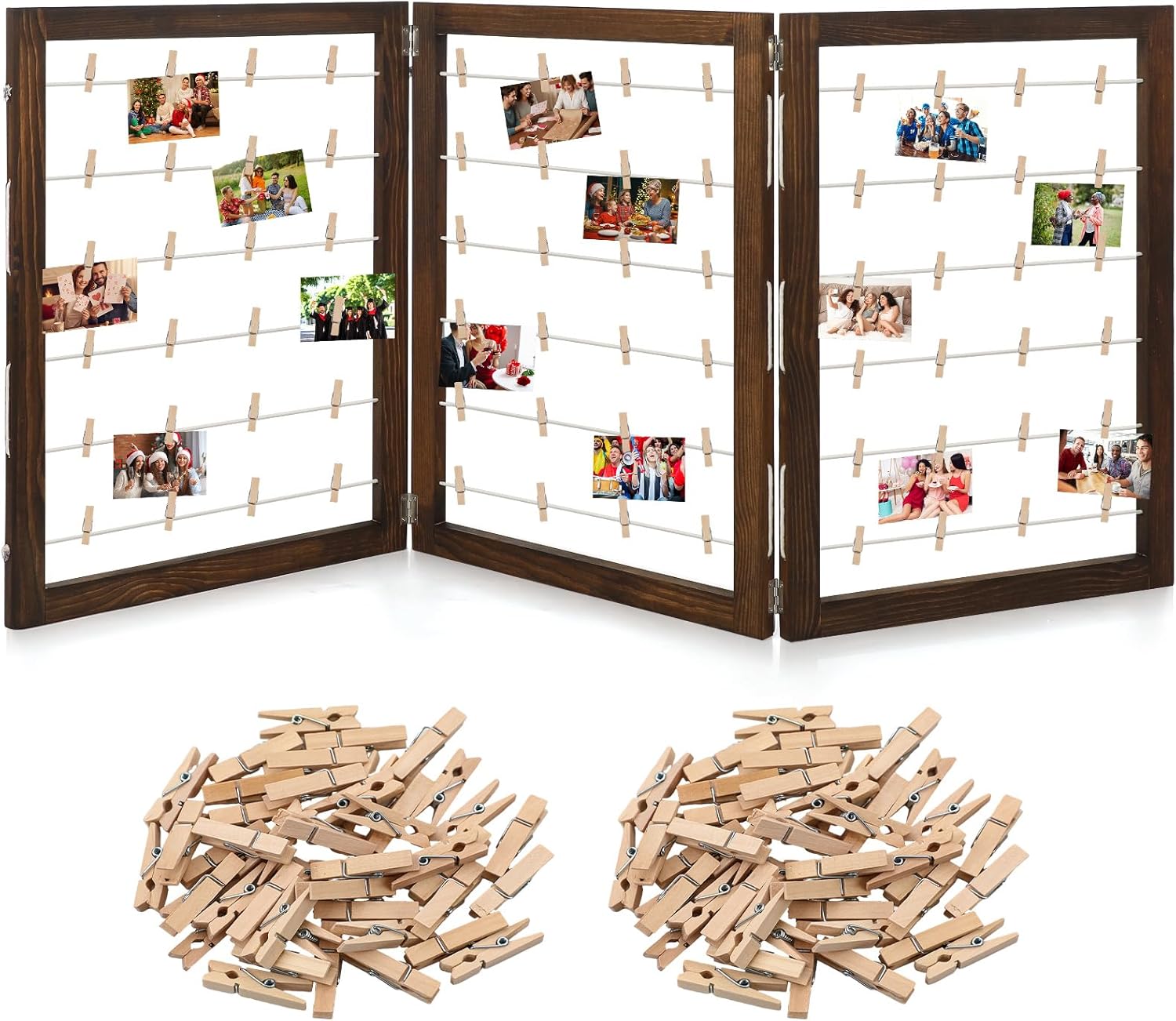 Geelin Photo Display Rack with Clips Farmhouse Wooden Photo Display Board Rustic Picture Frame Collage for Letter Postcard Greeting Card Home Dorm Decoration(3 Panel,54 x 24 Inch)