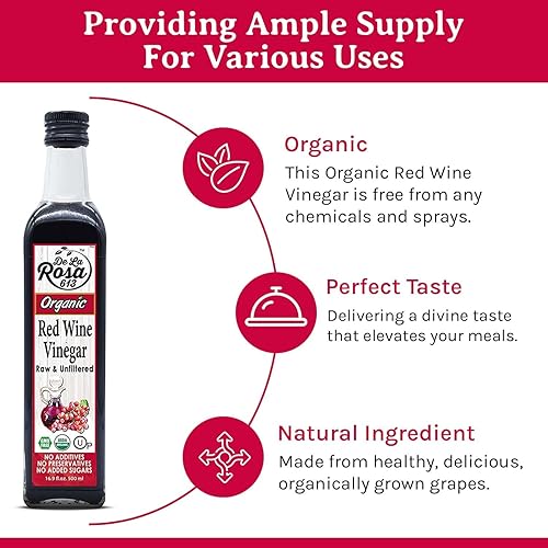 Miniatura 4 de De La Rosa - Vinagre de vino tinto orgánico, crudo y sin filtrar, Kosher para Pascua, vegano, sin OMG y sin gluten, ideal para aderezos de ensalada,