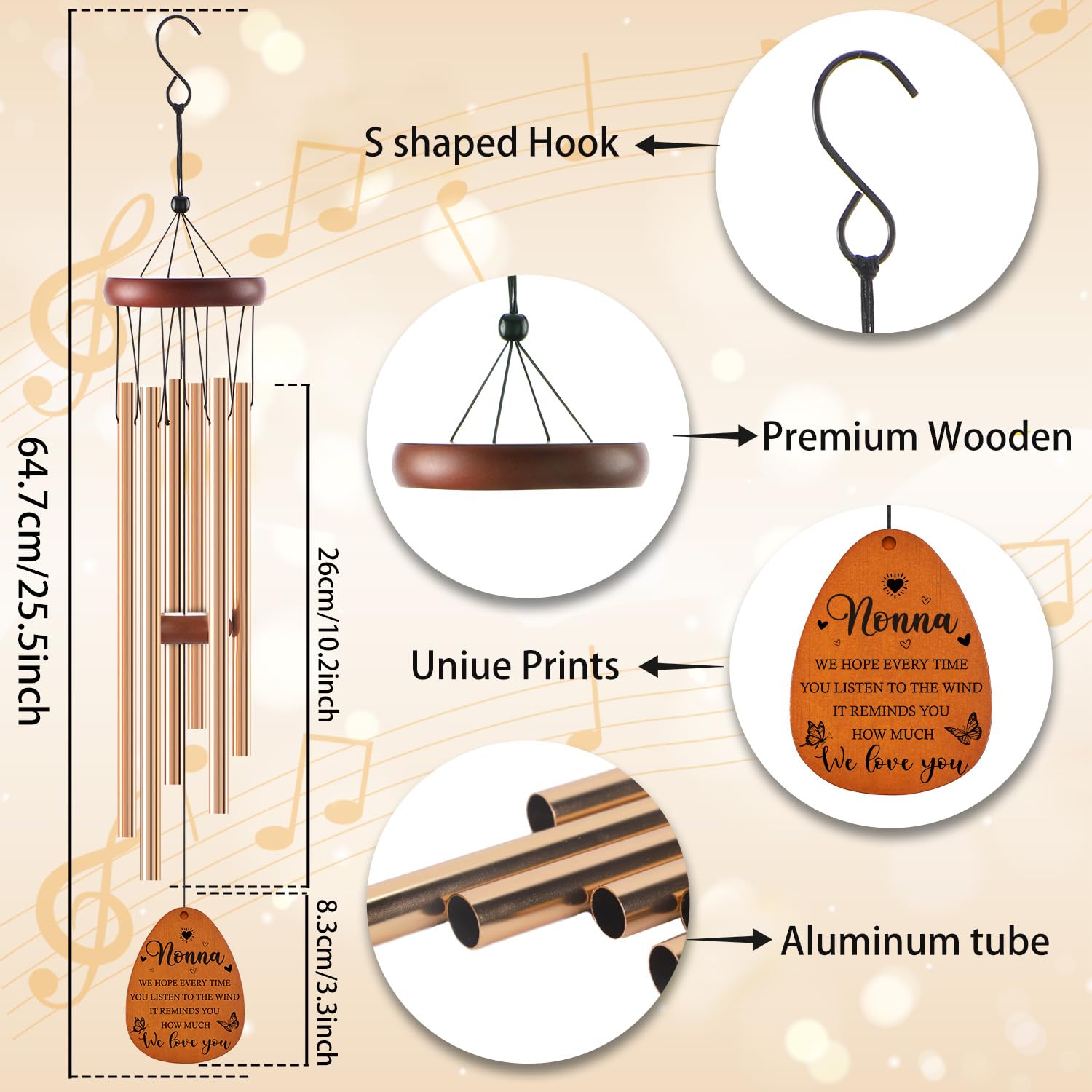 Nonna Gifts for Mother's Day Birthday Christmas Thanksgiving from Grandkids Grandchildren, Nonna Garden Gifts for Grandma, 26Inch Wind Chimes for Outside with S Hook Greeting Card