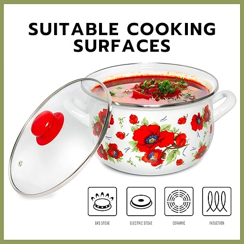 Miniatura 5 de Olla de aluminio esmaltado amapolas vientre cazuela profunda olla de cocina con tapa de vidrio Utensilios de cocina Olla de sopa (2.1 L)