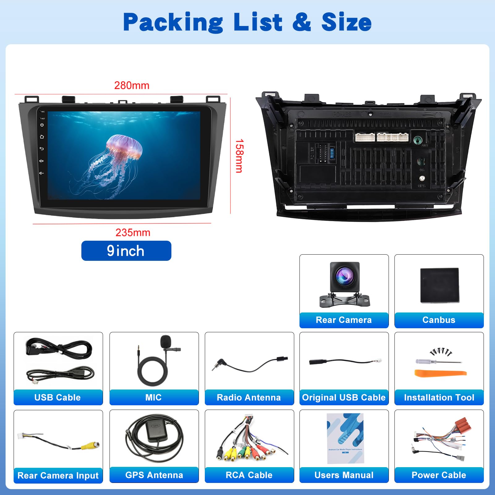 2G+64G Android Autoradio für Mazda 3 2009-2013, 9-Zoll-Touchscreen-Radio mit Kabellosem Carplay & Android Auto/WiFi/GPS/Bluetooth4.0/EQ/FM RDS Radio+Rückfahrkamera +Mikrofon