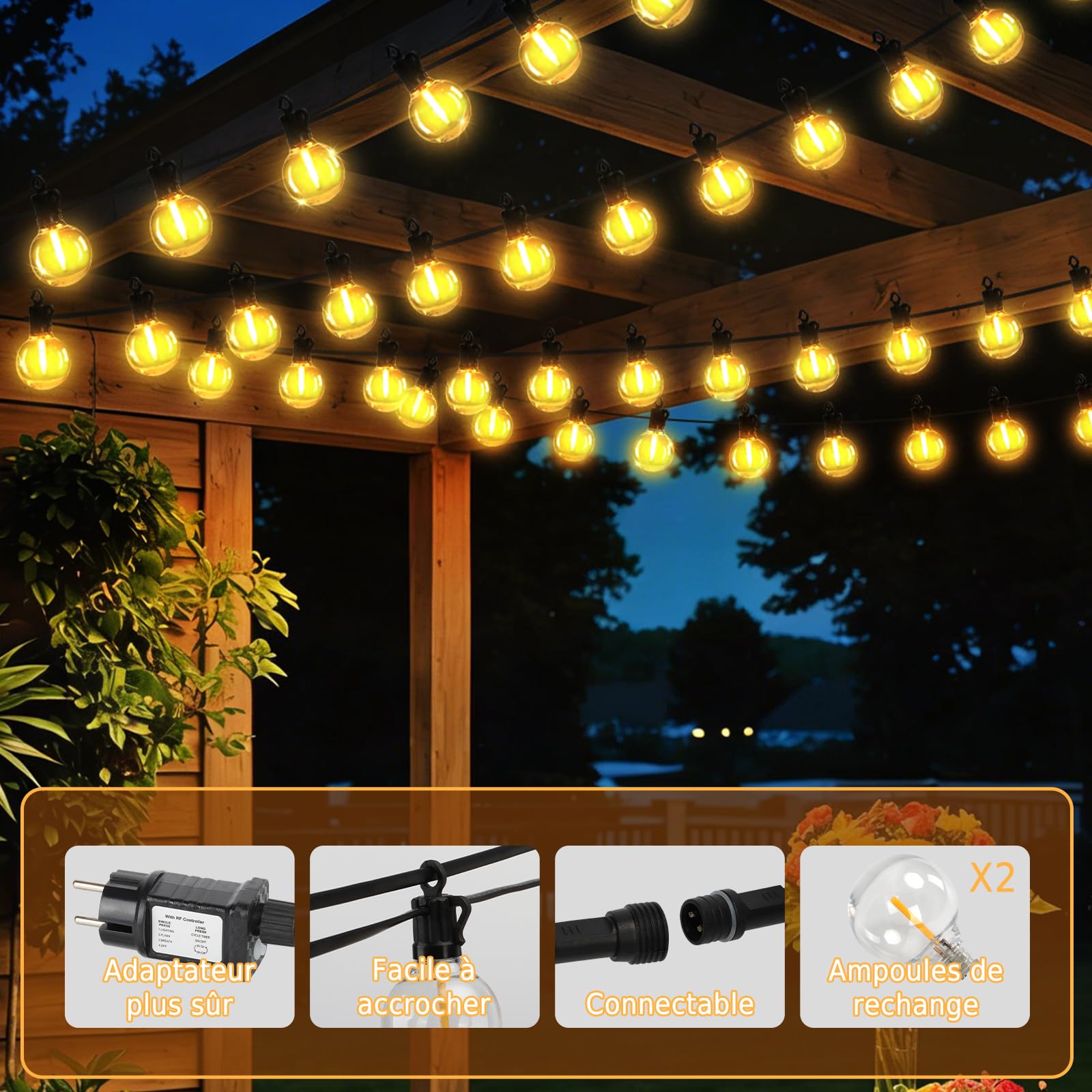 Guirlande Lumineuse Exterieure 30M LED Guinguette Connectable 60+2 G40 Ampoules IP65 Télécommande 4 Modes Minuterie