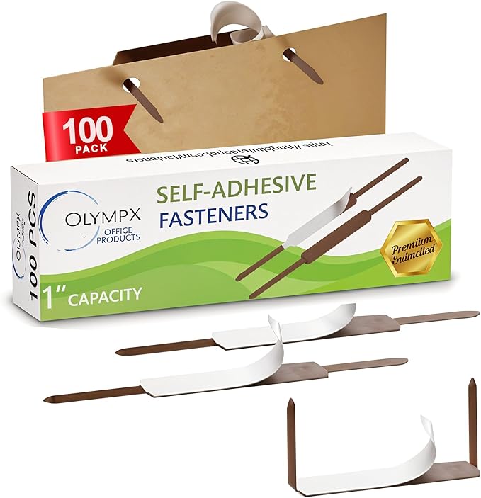 OLYMPX 100 Pcs of 1” Capacity Premium Self Adhesive Prong Paper Fastener Bases, 2.75 Inch Center for Paper File Clip Folder Accessories, 100 per Box