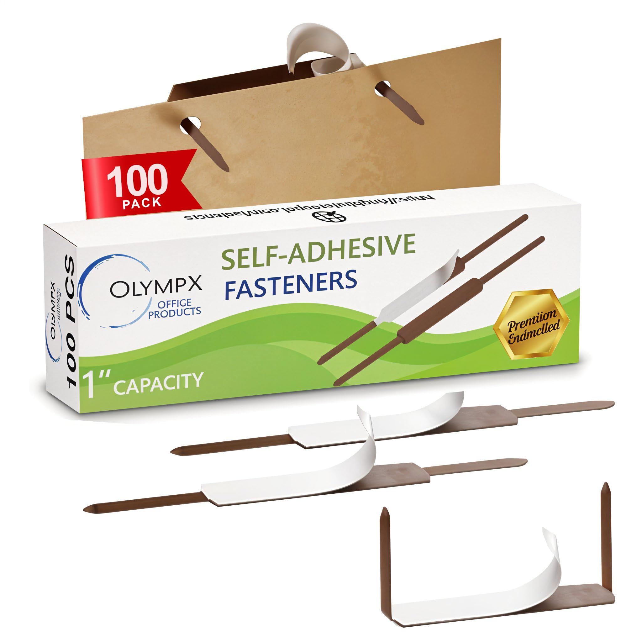 OLYMPX 100 Pcs of 1” Capacity Premium Self Adhesive Prong Paper Fastener Bases, 2.75 Inch Center for Paper File Clip Folder Accessories, 100 per Box
