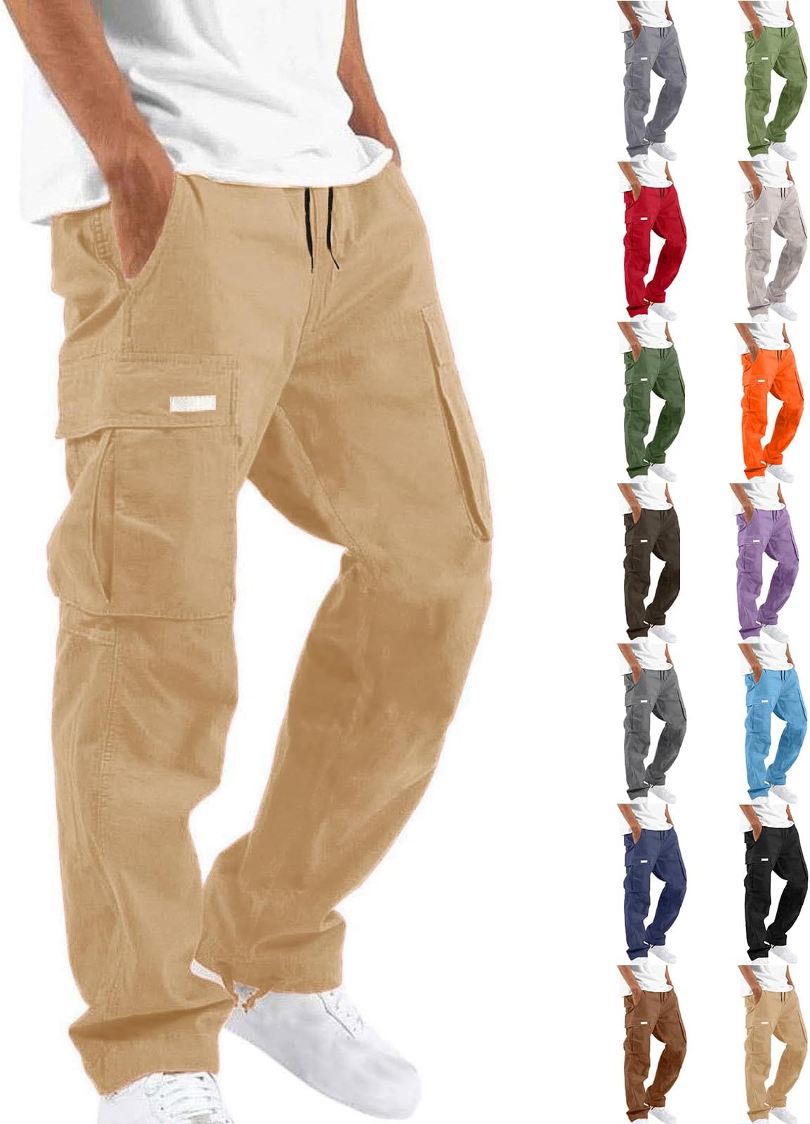 Mens Cargo Pants Straight Leg Long Trousers with Pockets Drawstring Elastic Waist Utility Style Bottoms for Outdoor Fitness Casual Daily Wear Street Outfit