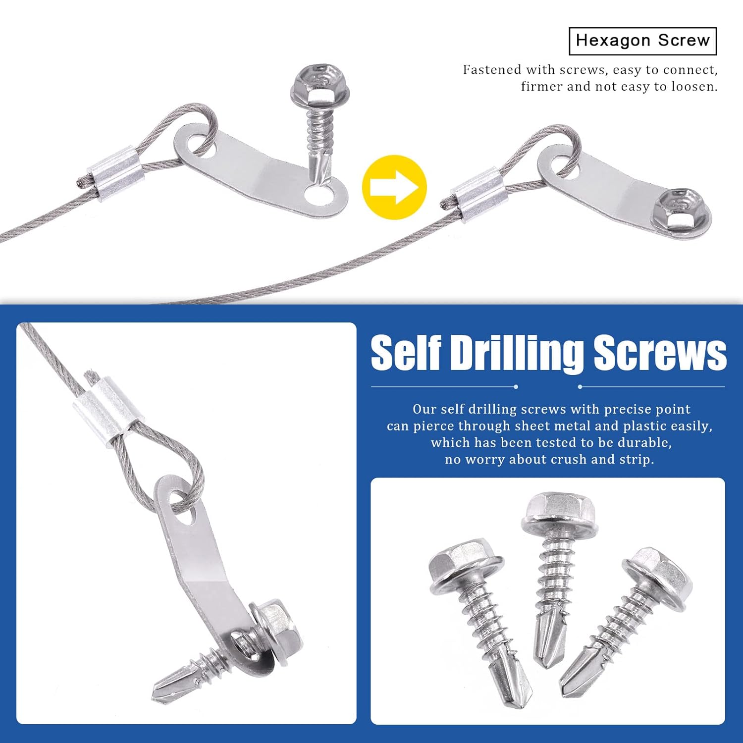 Glarks 20Pcs 11 Inches Lanyard Cable Set Including 10Pcs 304 Stainless Steel Safety Tether Wire with Quick Release Ring and Rubber Coating and 10Pcs Self Drilling Hex Head Screws for Car Boat Fastener - Image 5