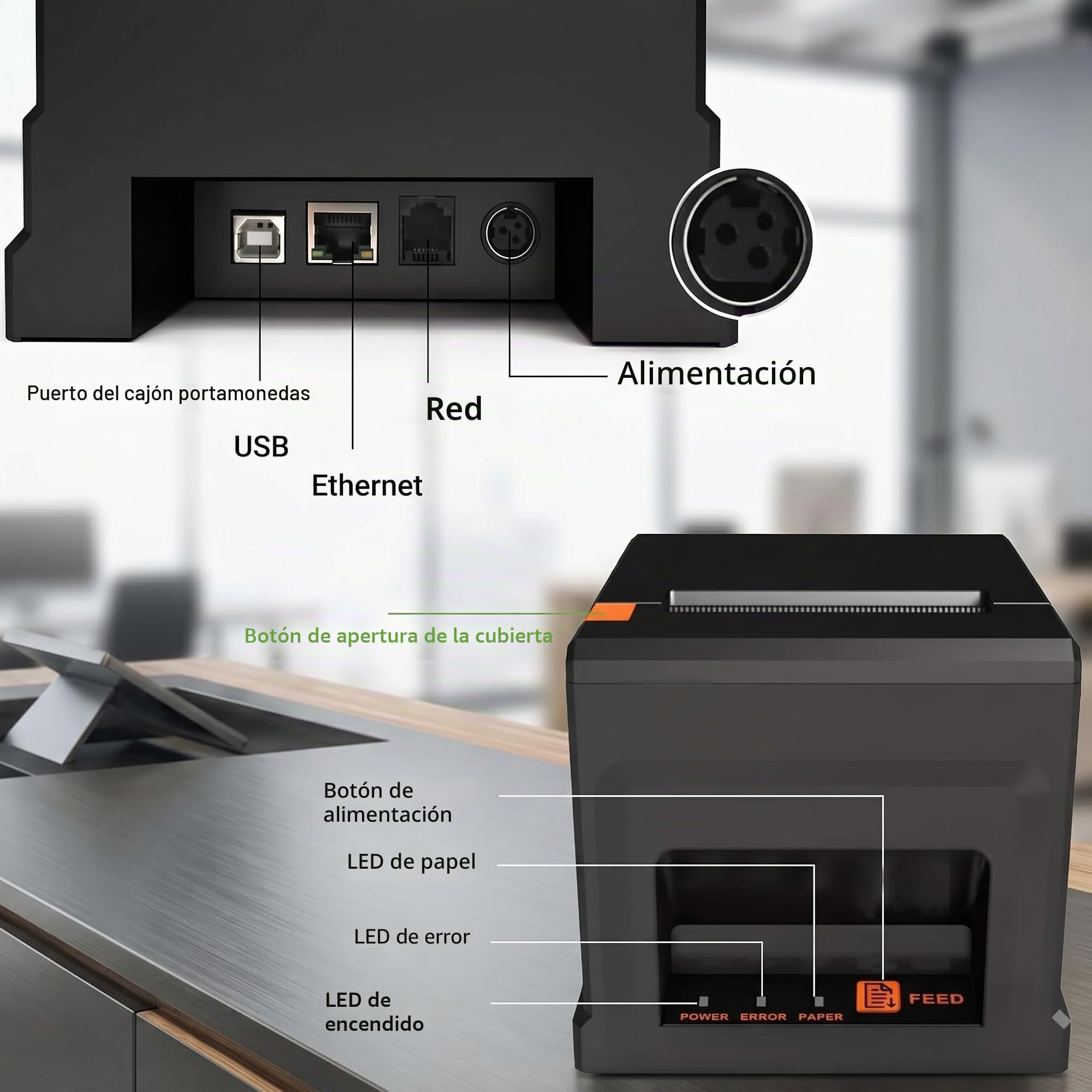 Impresora POS 80mm con 5 Rollos de Papel y Bluetooth para PC - Autocortador, USB/LAN, 300mm/s - para Restaurante, Bar, Tienda