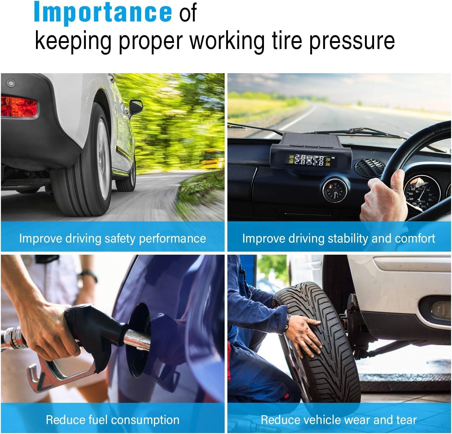 3T6B TPMS 4 Tire Pressure Monitoring System Solar Power Wireless Double Dry Battery Smart Tire Safety Monitor with External Cap Sensors Real Time Pressure & Temperature Alerts(Batteries not Included)