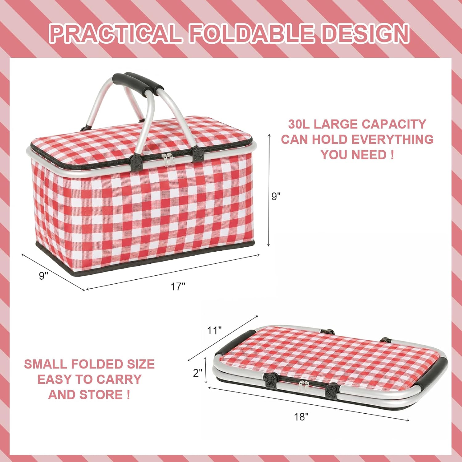 Insulated Picnic Basket，Collapsible Picnic Basket，30L Large Market Basket with Lid，2 Sturdy Handles，Storage Basket for Picnic，for Food Delivery，Take Outs，Market Shopping，Travel(Red Grid)