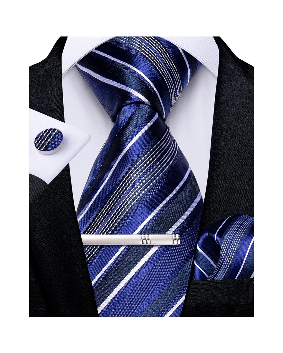 DiBanGu Mens Striped Tie Silk Woven Necktie and Pocket Square Cufflinks Tie Clip Set Wedding Business Formal Gift Tie for Men