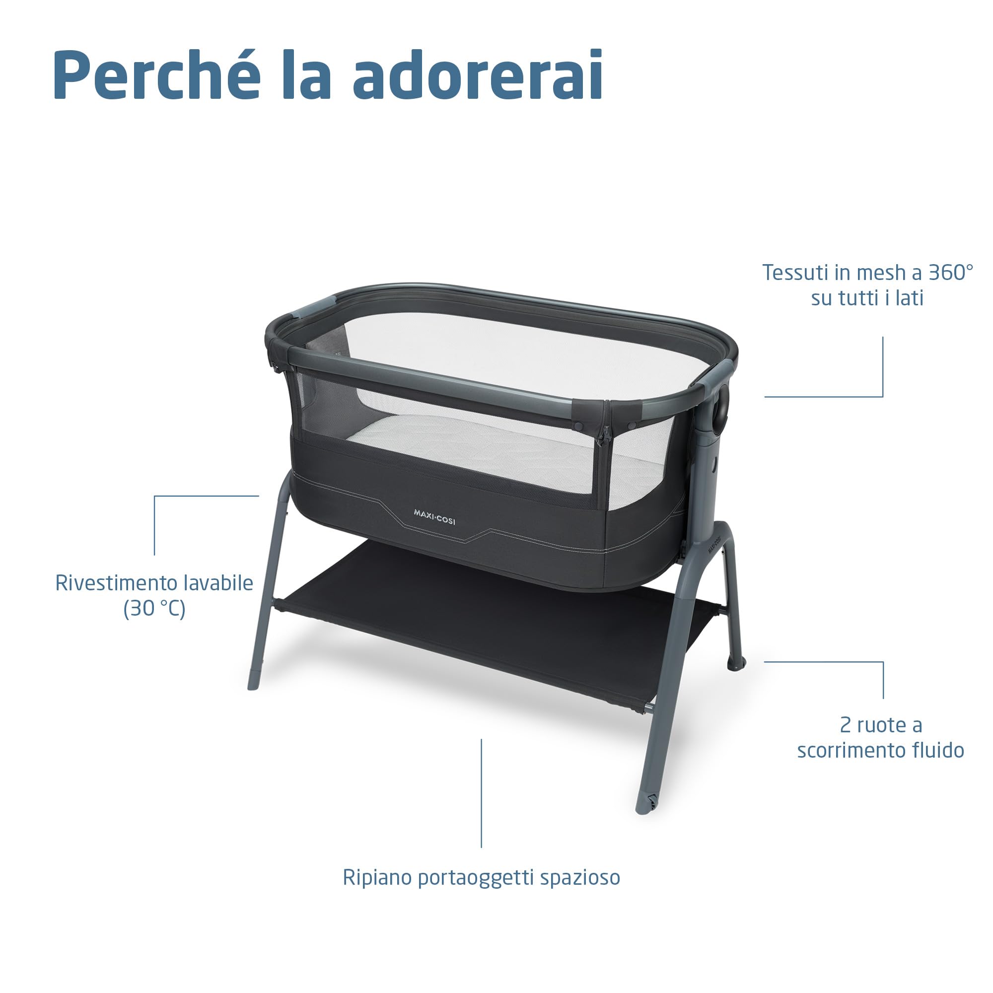 Maxi Cosi Iora² Culla Co-Sleeping, 0–6 Mesi (9 kg), Culla Neonato Fianco Letto Pieghevole e Leggera, Materasso 5 cm CloudCore, 5 Livelli, 2 Ruote Scorrevoli, Funzione Easy Slide, Elegance Graphite