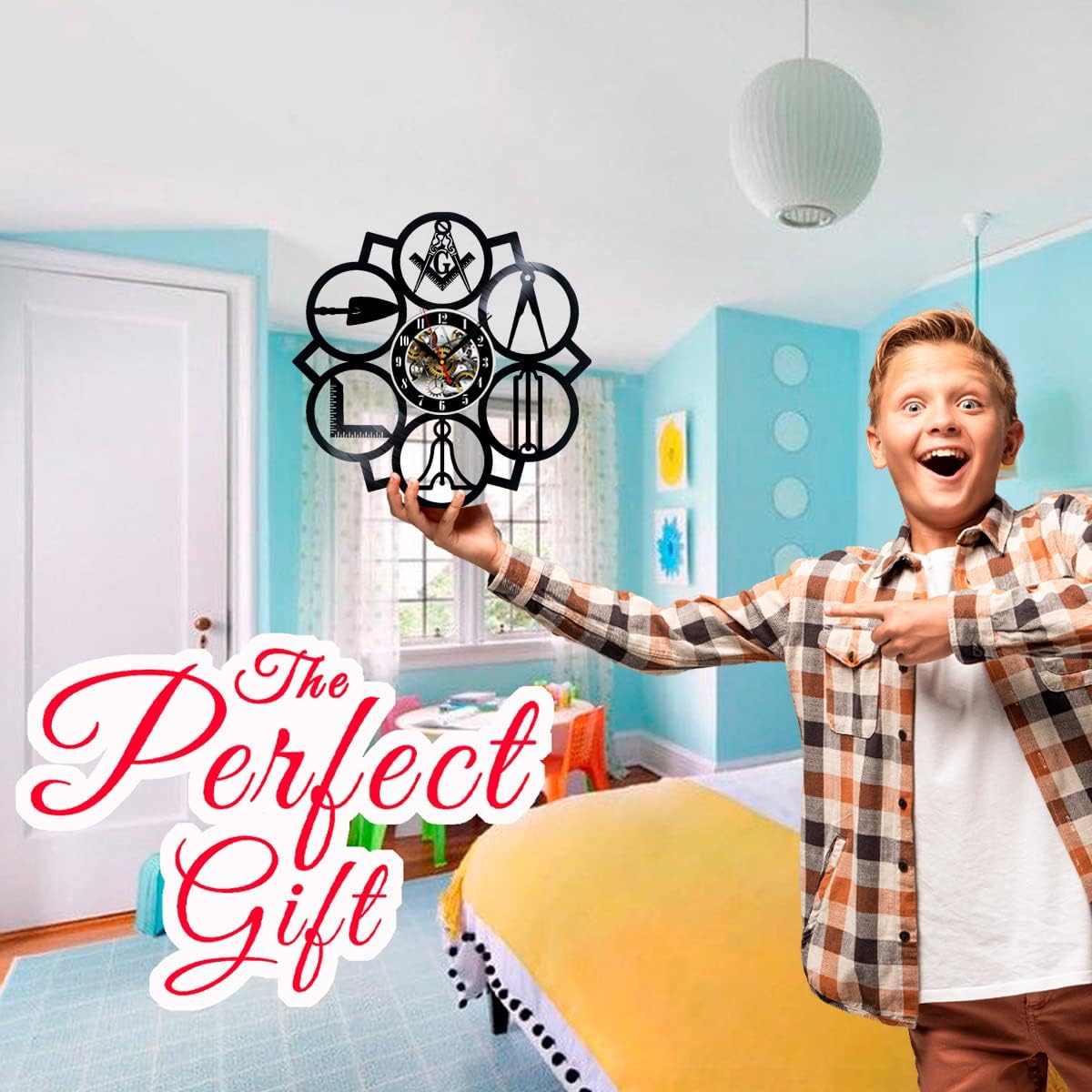 Masonic Freemason Vinyl Record Wall Clock Surprise Ideas Best Friends Birthdays Art Home Room Decor Gift for Birthday Holiday Christmas 12” LP Clock Black