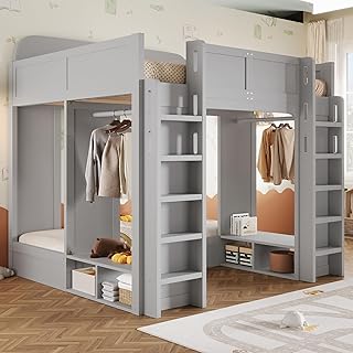 SOFTSEA Triple Bunk Bed with for 3 Kids, Twin & Twin Over Twin XL Wood Bunk Bed with Storage Shelves and Wardrobe, Triple Bunk Beds with 2 Ladders and Guardrails, Grey