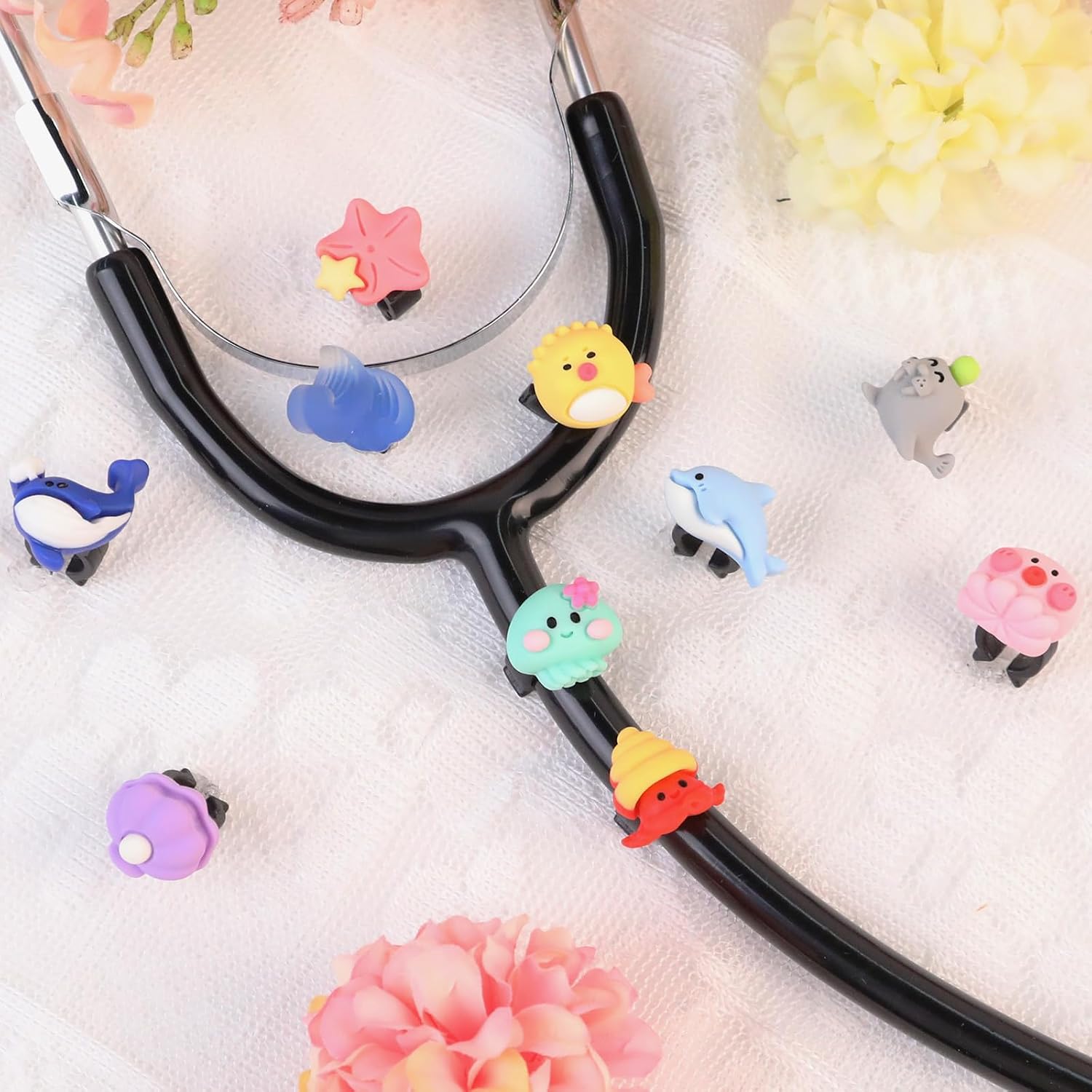 Marine Animals Stethoscope Charm for Nurse Rubber Cute Whales | Includes 10 Pieces. Soft Rubber Material. Personalized Medical ID Tag Decor