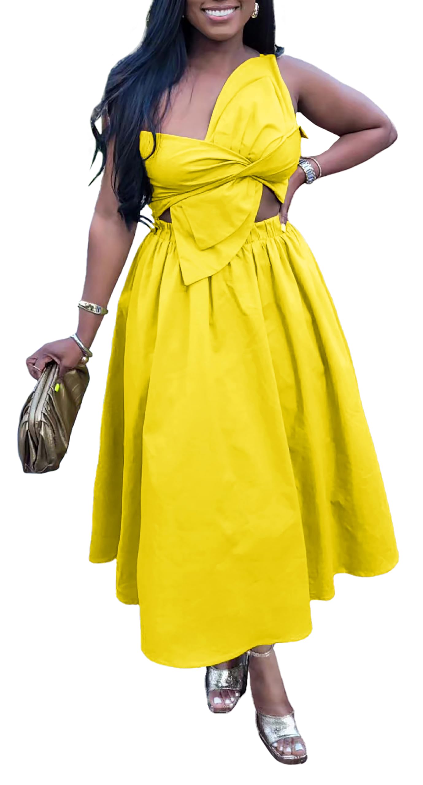 YUEWOO Midi Dresses for Women Casual Summer Sundresses Vacation Outfits Spaghetti Strap Smocked Women Maxi Dress with Pockets