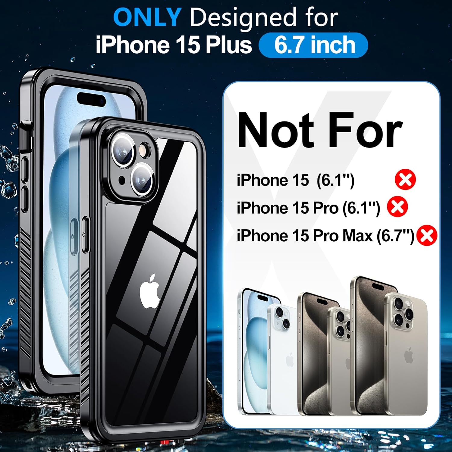 MOZOTER for iPhone 15 Plus Case Waterproof,[IPX8 Underwater Case][Full Body Shockproof & Military Dropproof] Clear Sound Quality Built-in Screen Protector for iPhone 15 Plus 6.7 inch-Black