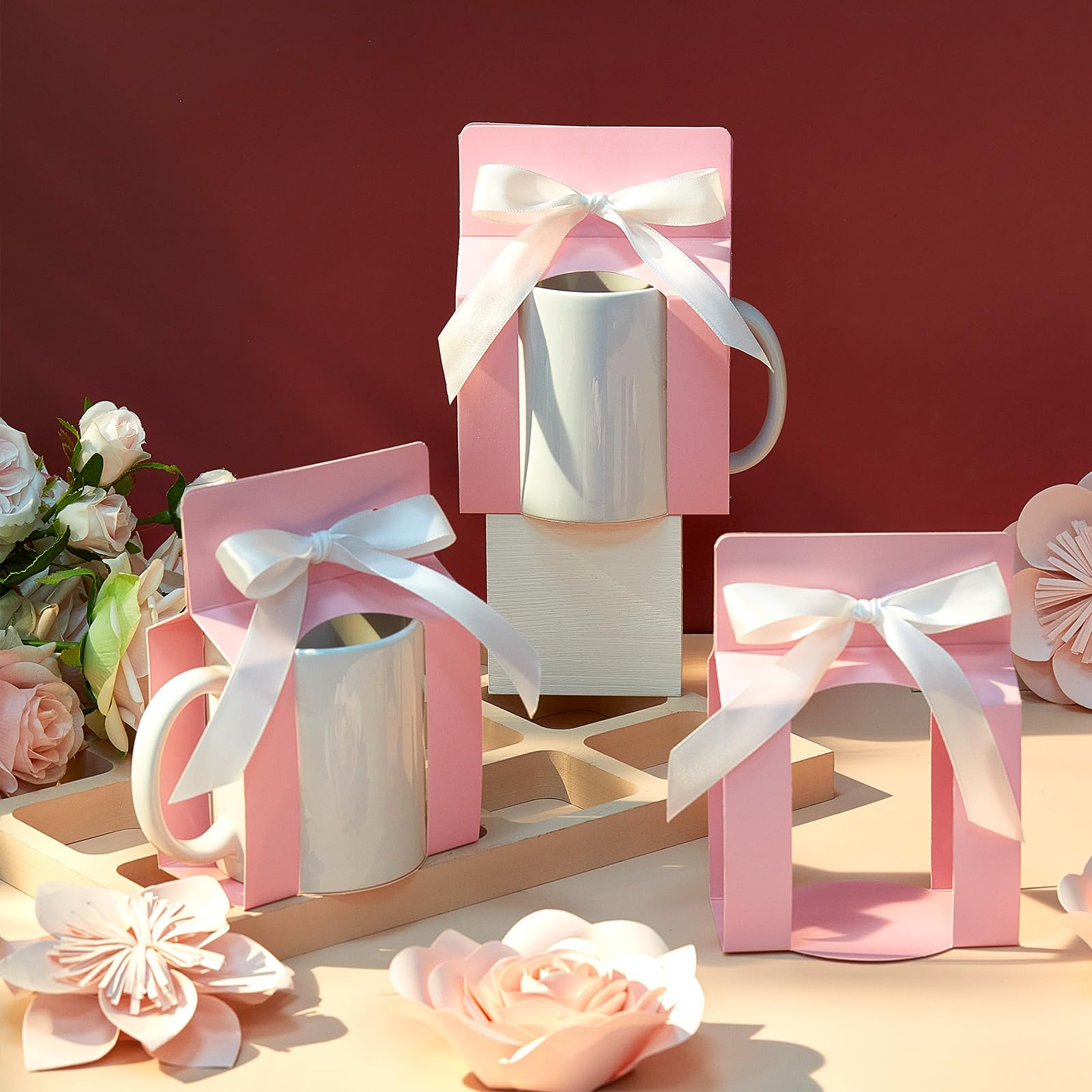 Kosiz 36 scatole per tazze a sublimazione, sacchetti regalo, con finestra, scatole per spedizioni, vendite di confezioni regalo per tazze e confezioni regalo (rosa, bianco, per tazze da 325 ml)