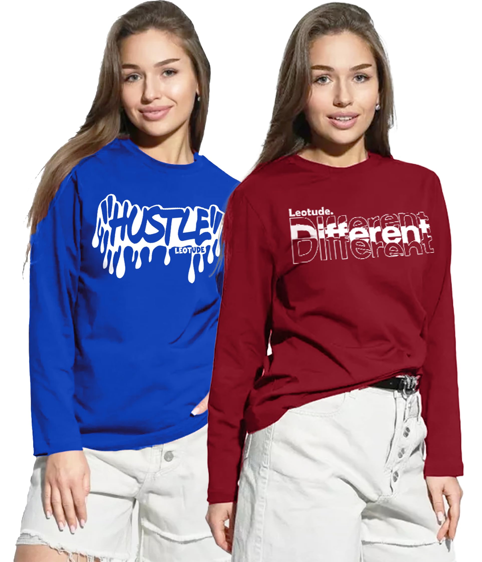 leotude Women's Cotton Blend Round Neck Loose Fit Full Sleeve T-Shirt Combo (Pack of 2)-picture-44