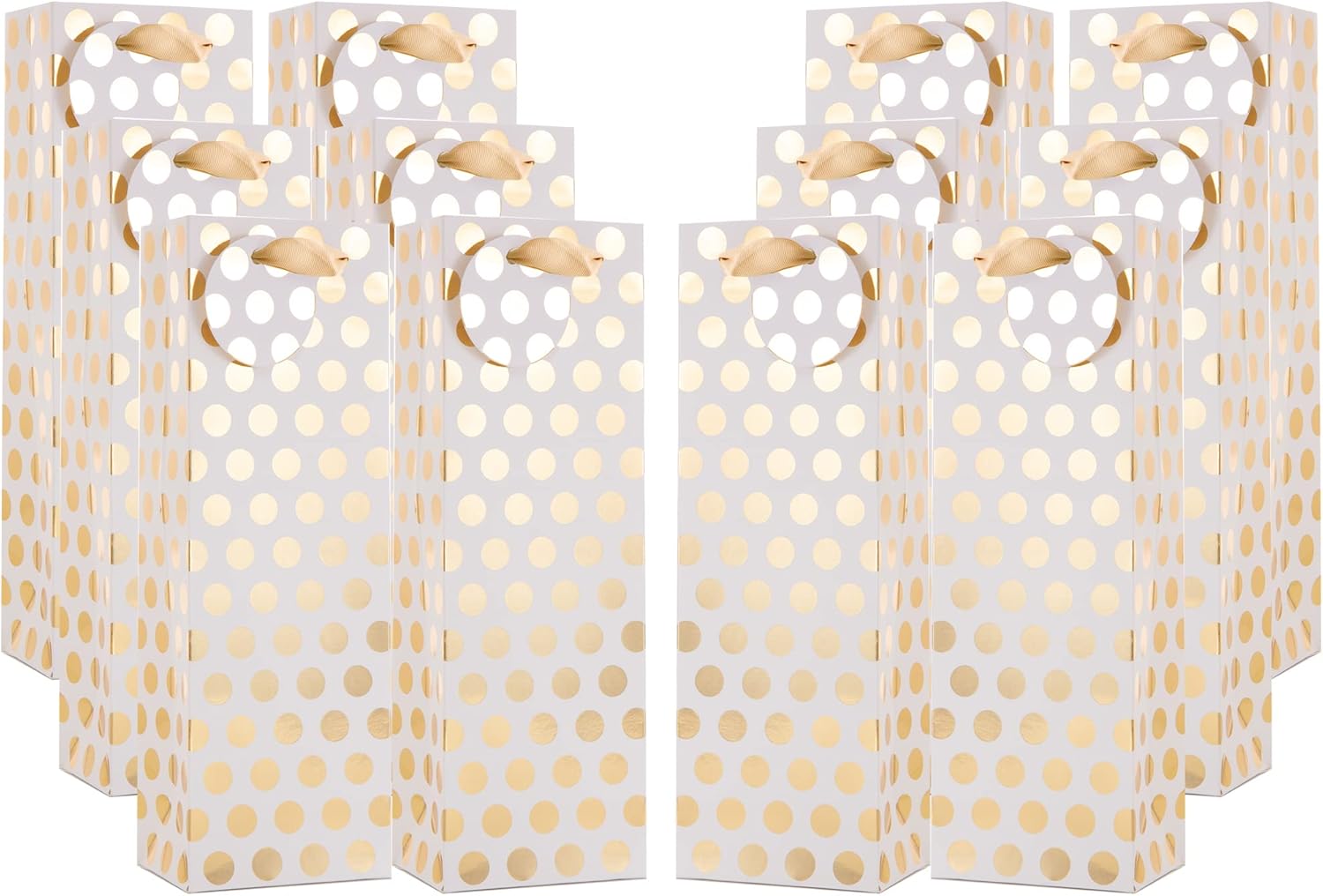 UNIQOOO 12Pcs Metallic Gold Christmas Champagne Wine Gift Bag Bulk with Tag, Gold Polka Dots Single Bottle Holiday Gift Wrapping Wine Bags, New Year Birthday Wedding Party Favor Decor 14x4.75x3.5 Inch