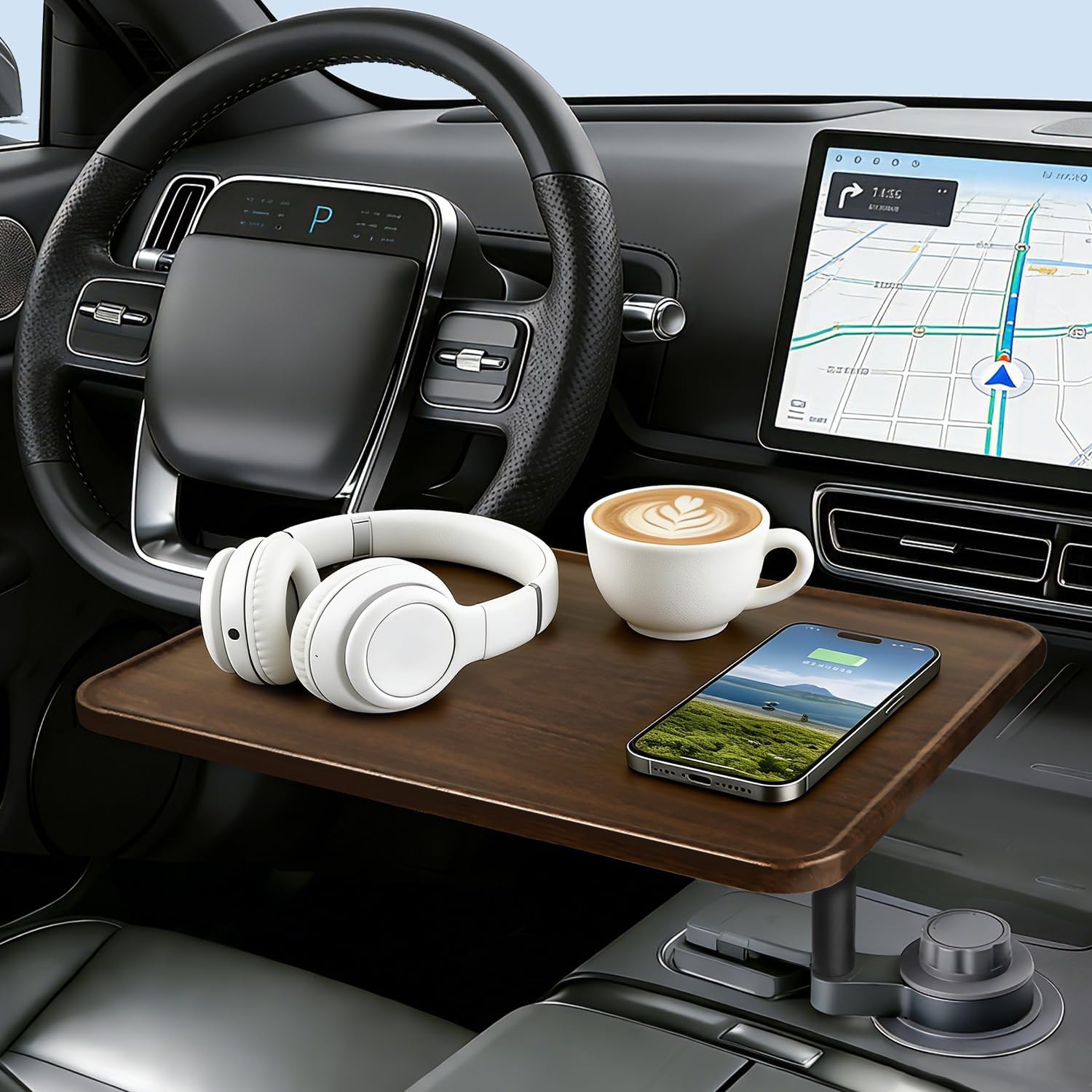 Car Desk for Laptop, 360° Rotation Cup Holder Table, Car Table & Car Food Tray for Tesla Model Y/3, F-150/Ram 1500/GMC Sierra 1500 & Most Vehicles, Car Accessories for Women & Men(Long Pole)