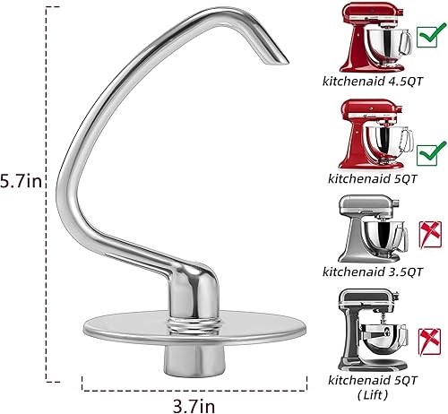 Miniatura 6 de RAFBAR Accesorio de gancho para masa de acero inoxidable para mezclador KitchenAid de 4.5 a 5 cuartos de galón, repuesto para accesorios mezcladores