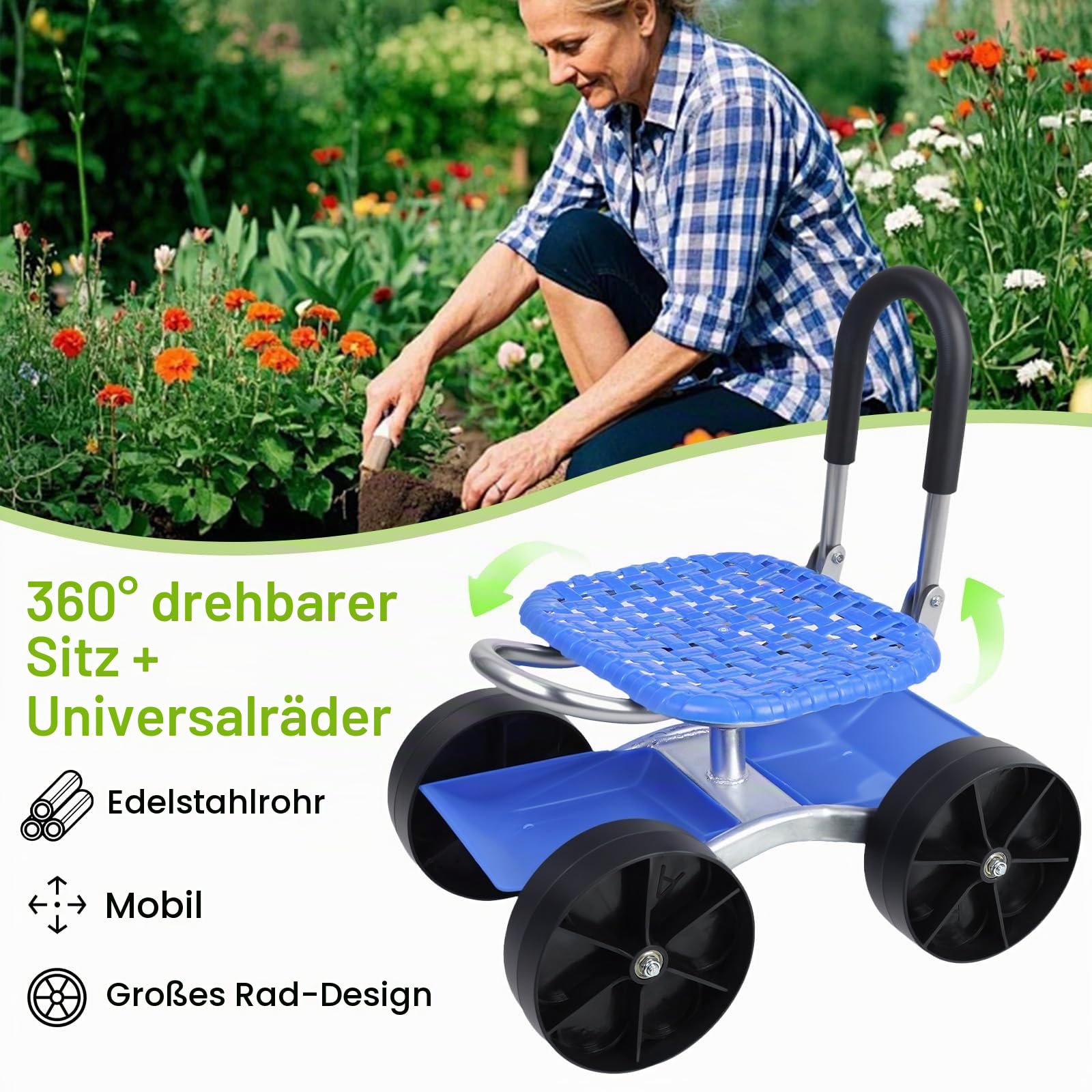 Gartensitz mit Rollen, Garten Rollsitz, 360° Drehbar | Höhenverstellbar, Mobiler Gartenhocker für Gartenarbeit, Rollbarer Gartenwagen mit Griff und Ablagefach, Gartenarbeitssitz bis 150 kg