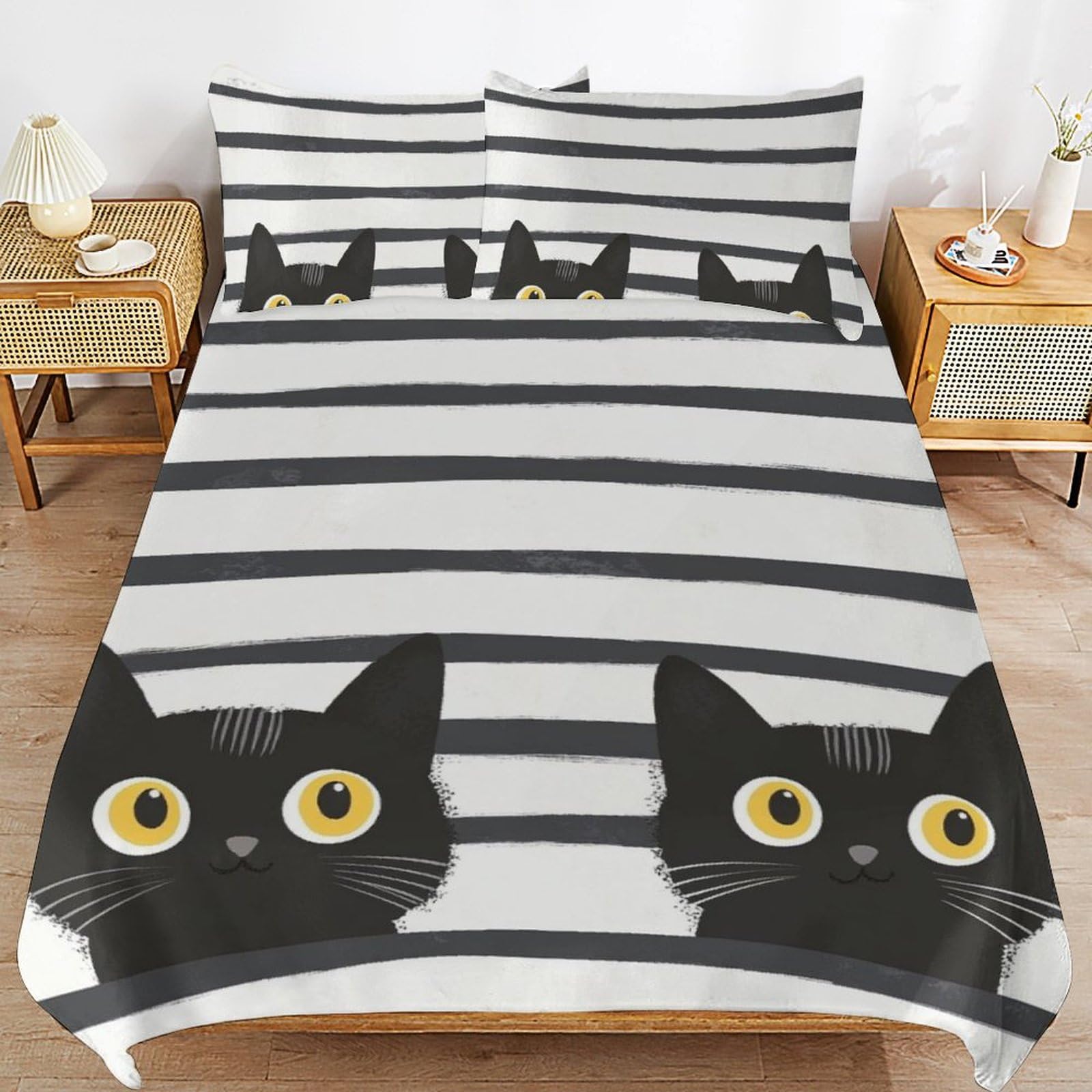 Housse de couette chat zippée 3 pièces pour en finir avec la couette qui glisse