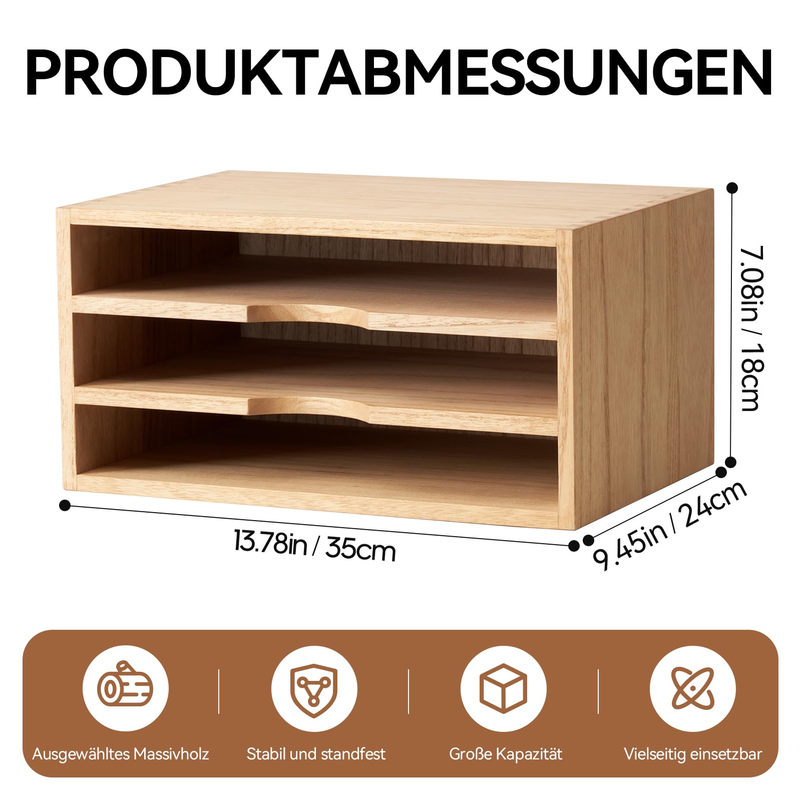 KIRIGEN Schreibtisch-Organizer aus Paulownia-Holz, Dokumentenablage mit 3 Fächern, 35 x 24 x 18 cm, Briefablage und Papierablage für Büro, Homeoffice und Arbeitszimmer, Natur